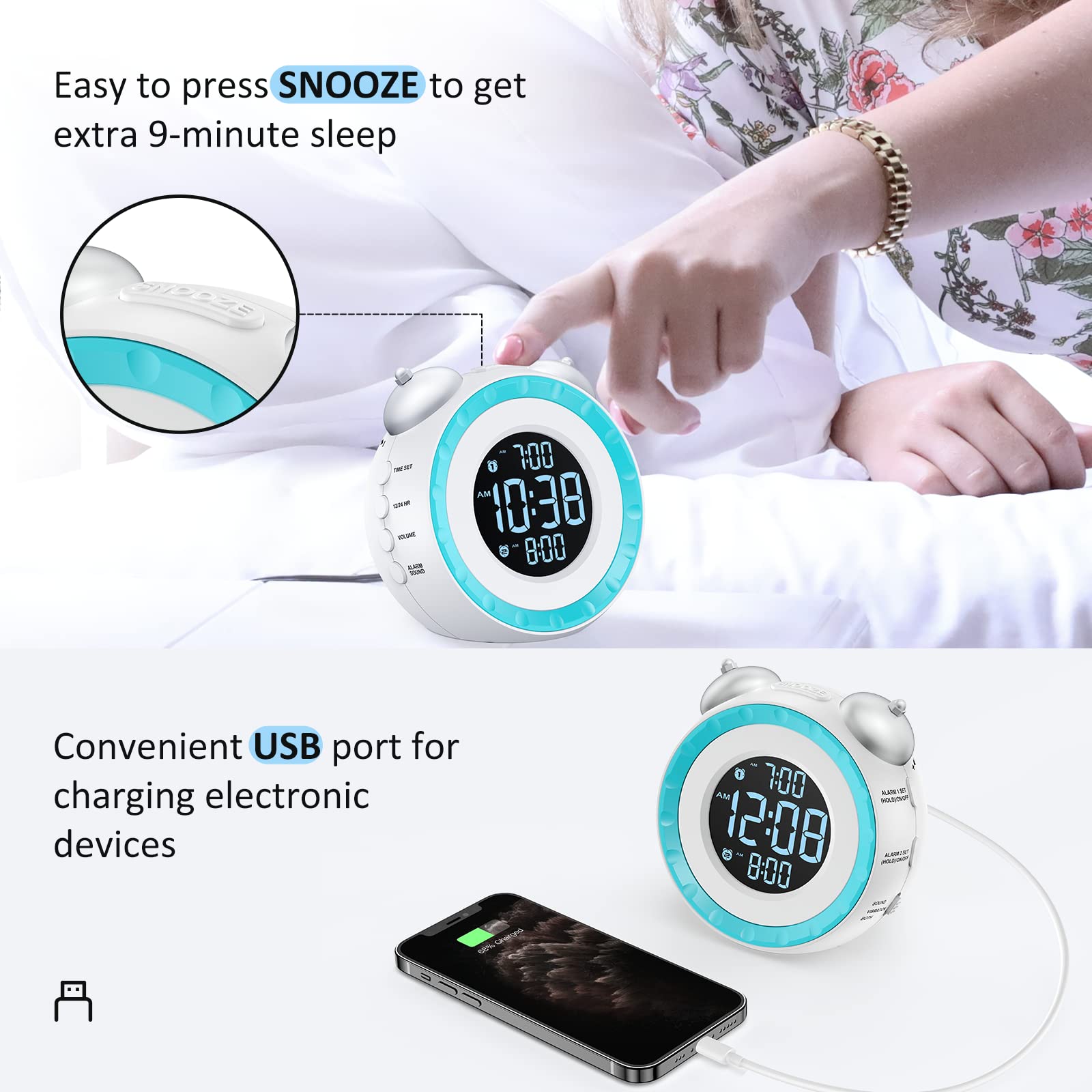 uscce Loud Dual Alarm Clock with Bed Shaker - 0-100% Dimmer, Vibrating Alarm Clock for Heavy Sleepers or Hearing Impaired, Easy to Set, USB Charging Port, Snooze, Battery Backup