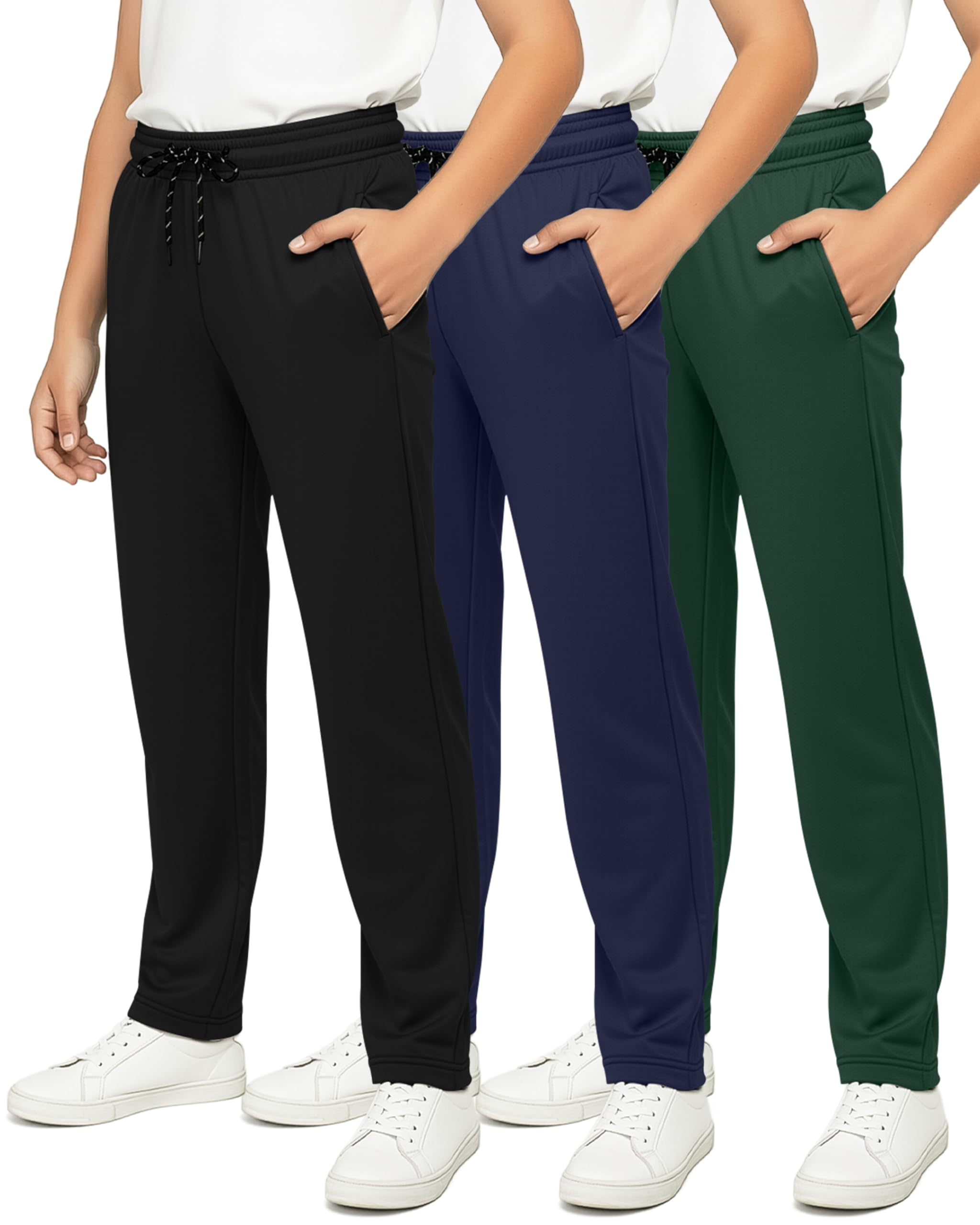 Real Essentials 3 Pack: Boys' Mesh Open Bottom Active Sweatpants with Pockets & Drawstring