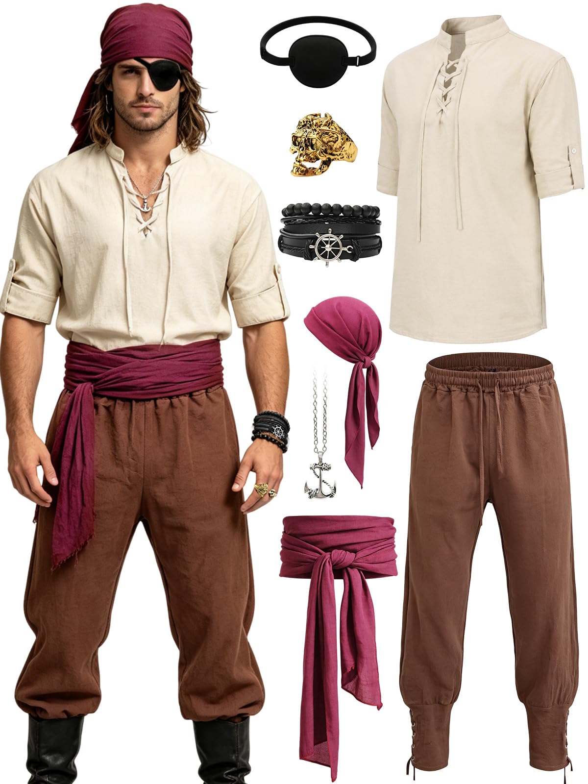 Verceco Mens Pirate Costume Outfit Renaissance Costume Men Medieval Outfit With Pirate Pants Shirts Sash Accessories (Black, Medium)