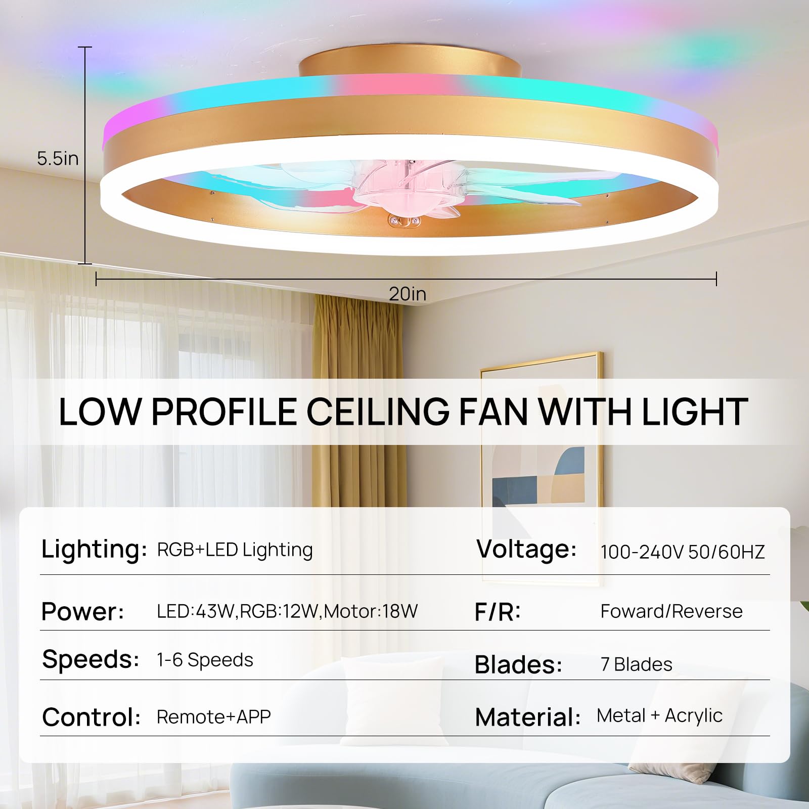 16 Inch RGB Low Profile Ceiling Fans with Lights, Modern Flush Mount Fandelier Chandelier Fixture, Remote & APP Control, Black LED Ceiling Fan Light for Bedroom, Living Room, Kitchen Indoor