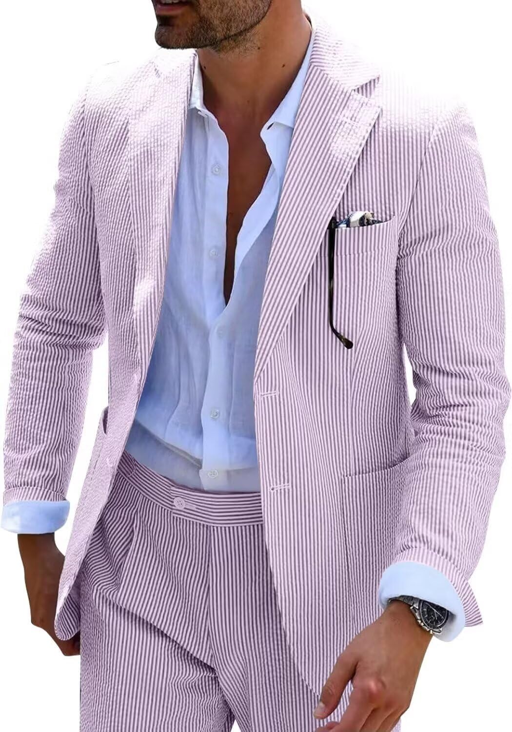 Wehilion Men's Seersucker Summer Suit Groom Wedding Seersucker Outfit Slim Fit Formal Suit Set for Men