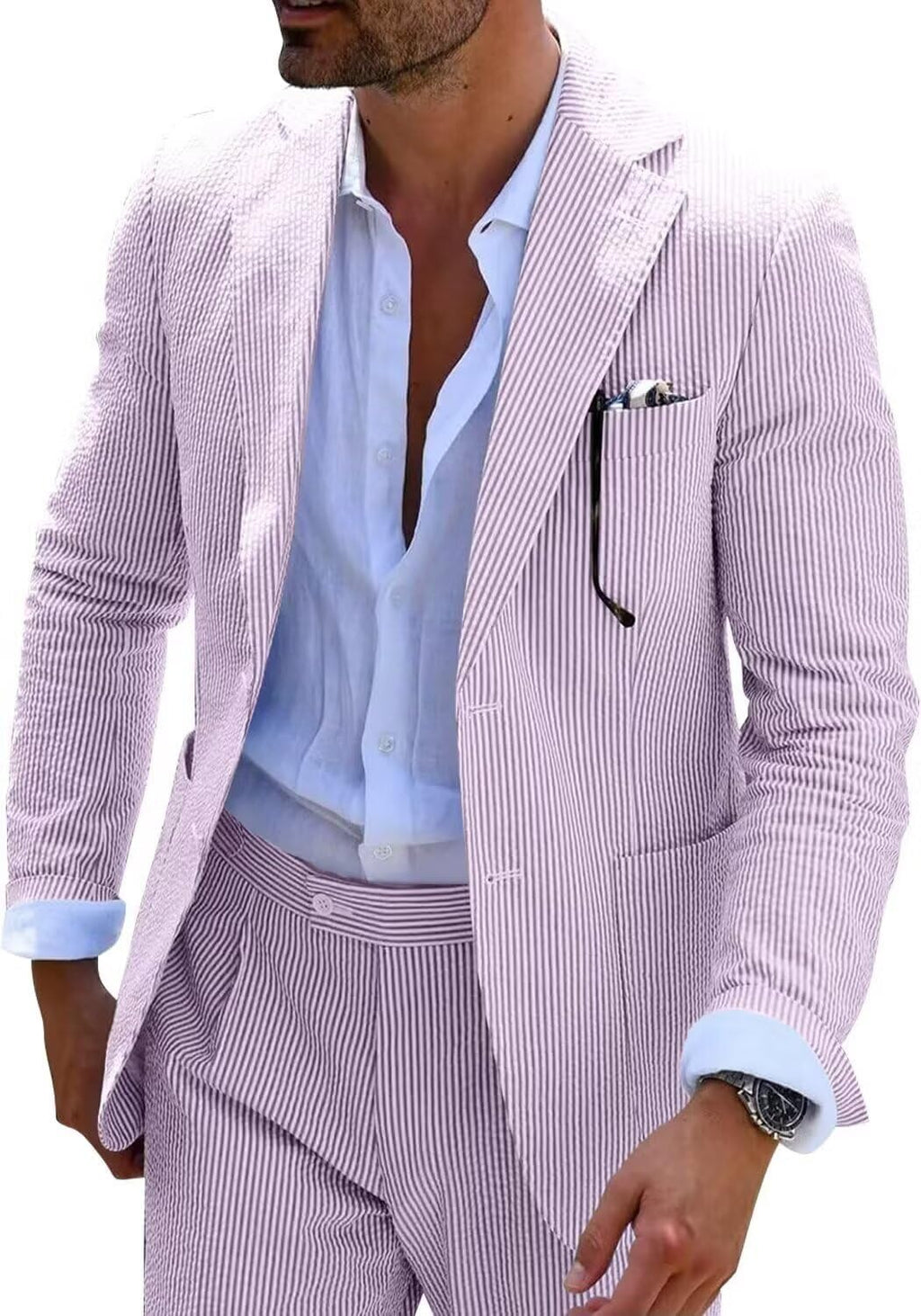 Wehilion Men's Seersucker Summer Suit Groom Wedding Seersucker Outfit Slim Fit Formal Suit Set for Men