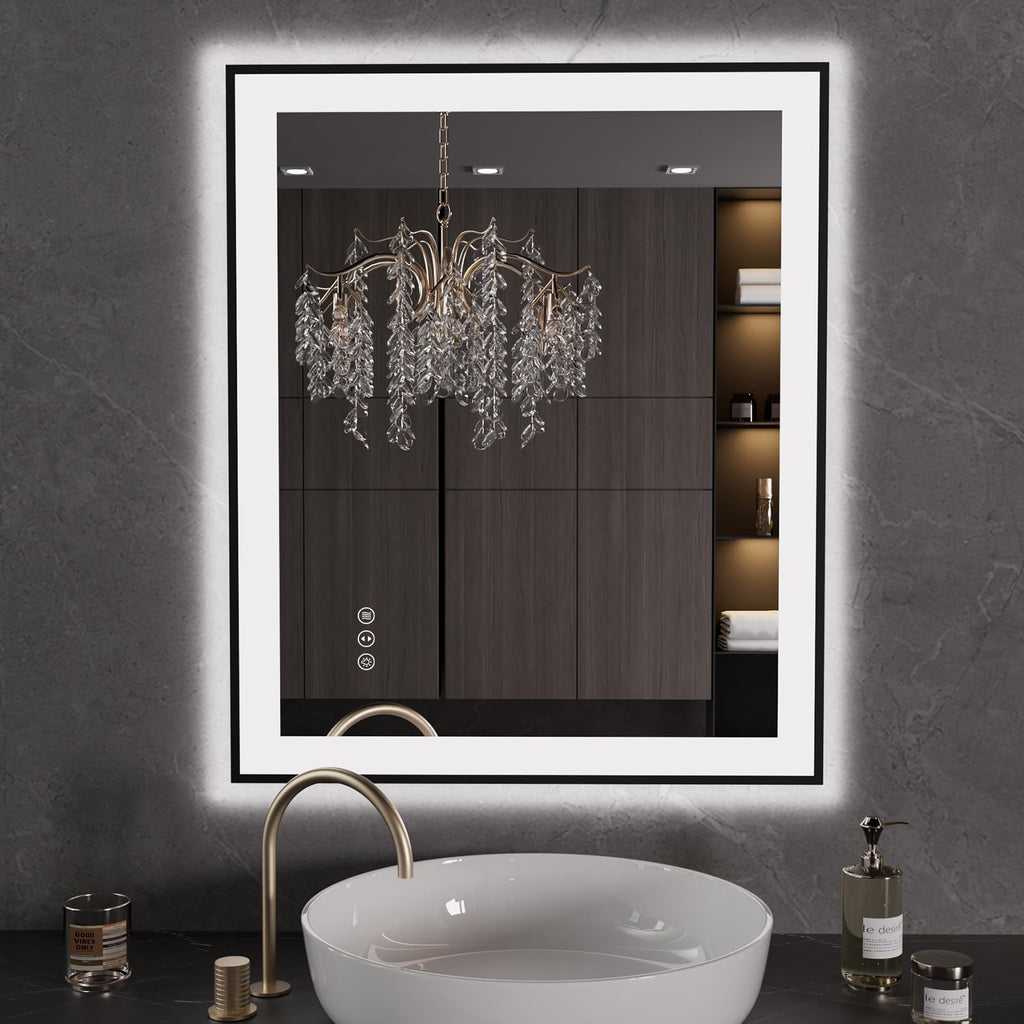 LOAAO 20"X28" LED Bathroom Mirror Black Framed | Anti-Fog, Dimmable, Memory Function, Tempered Glass, Lighted Vanity Mirror for Wall