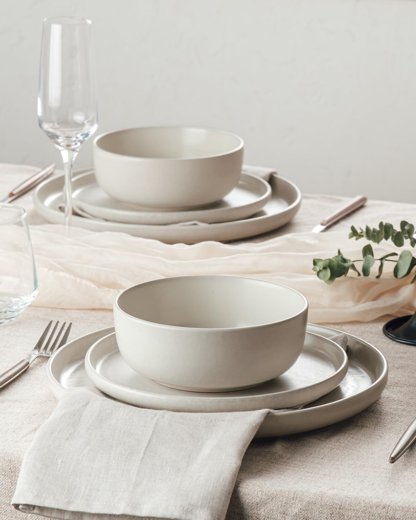 Famiware Pluto Stoneware Dinnerware Sets, 12-Piece Double Reactive Glaze Plates and Bowls Sets, Dishware Sets for Everyday & Formal Dining, Irregular Edge Dishes, Service for 4, Matte Beige White