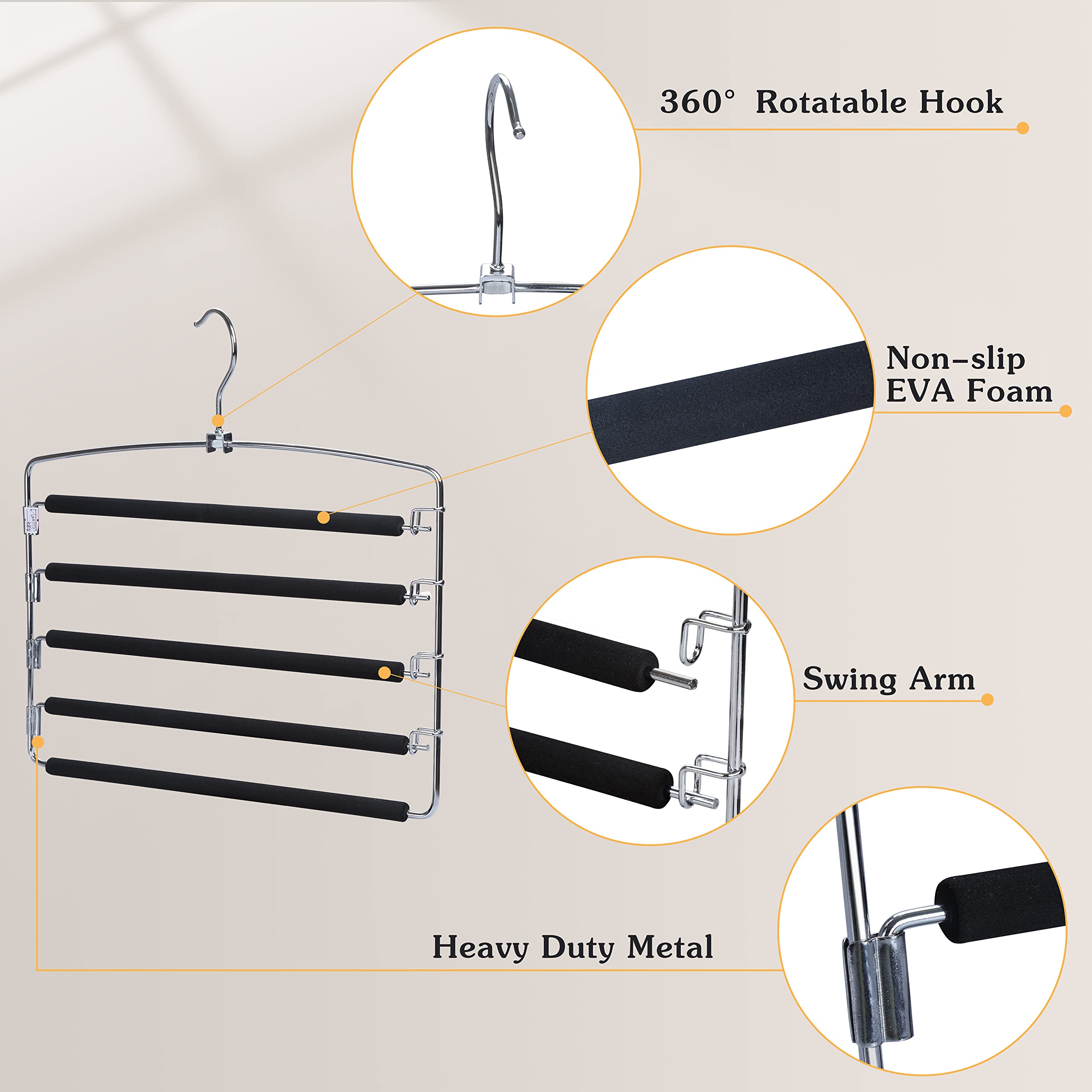 TOPIA HANGER Pants Hangers Space Saving, 2-Pack Swing Arm Pants Organizer for Closet, Non-Slip Foam Padded Organizer Hanger for Multi Slacks, Jeans, Trousers, Skirts, Scarfs, Black-CT08B