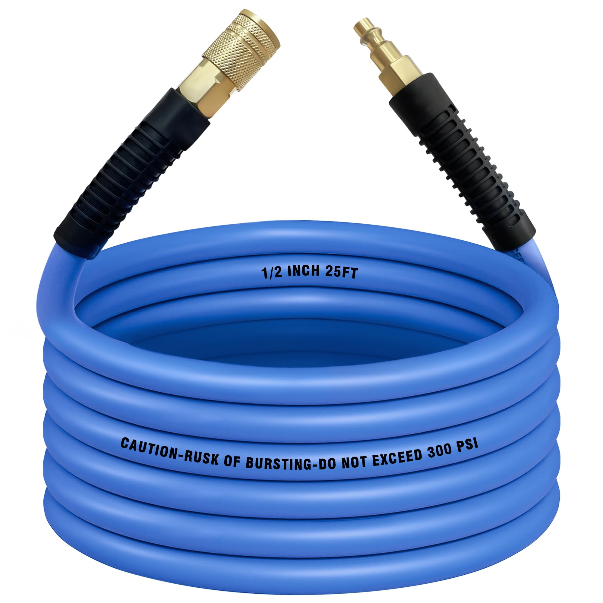 Air Compressor Hose 1/2 in, 300 PSI Heavy Duty Hybrid Air Hose with Quick Coupler and Plug Kit, Lightweight, Kink Resistant, All Weather Flexibility with Bend Restrictors, 6 Feet