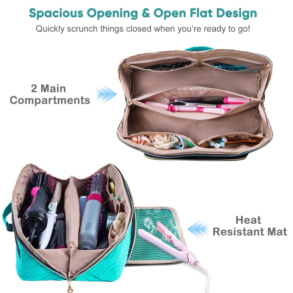 Large Hair Tools Travel Bag with Iron Mat - 2in1 Hair Tools Organizer for Hair Dryer Brush, Flat Irons, Straighteners, Curling Irons, Hair Bag, Makeup Bag, Cosmetic Bag for Travel Essentials