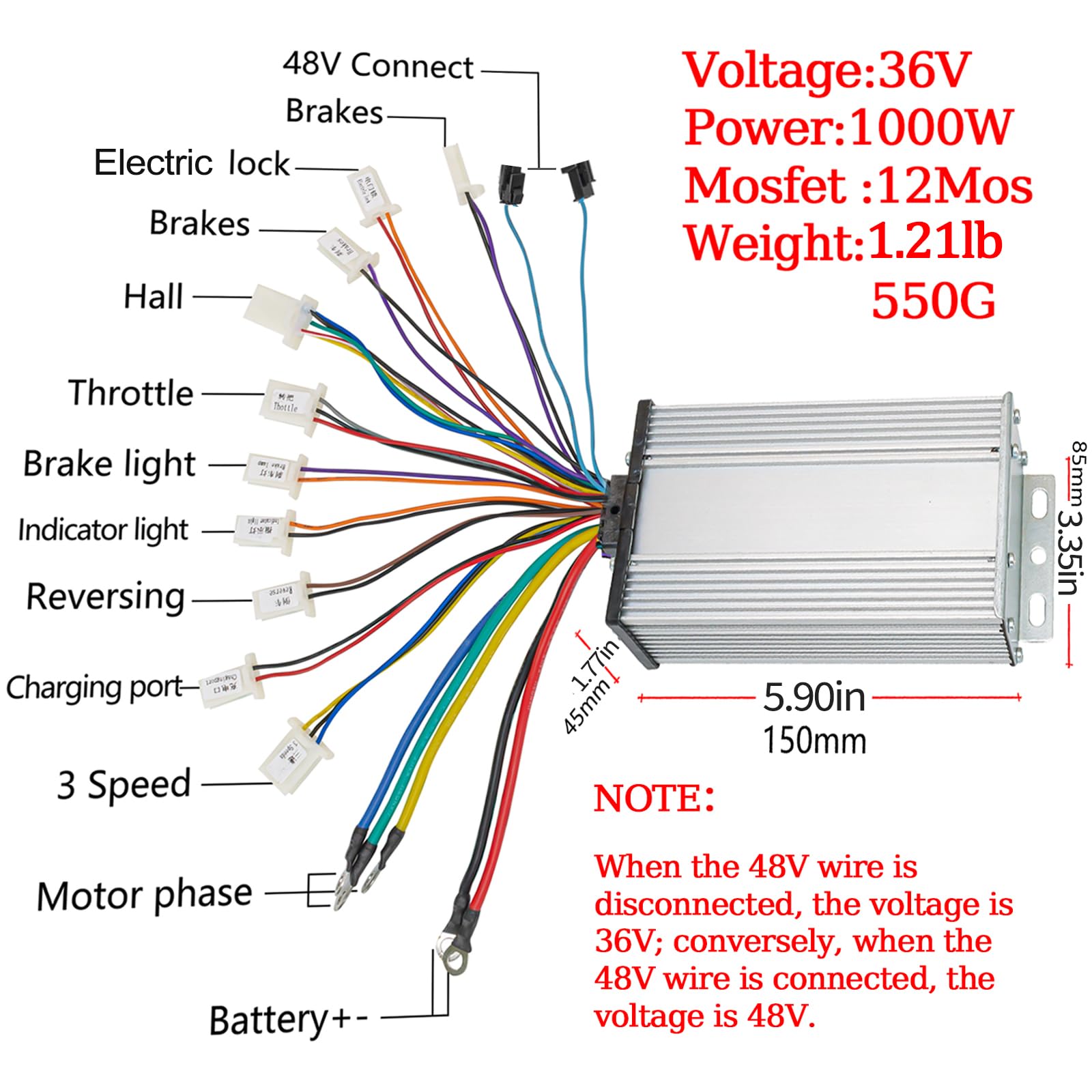 36V Motor Kit 1000W Electric Brushless DC Motor Kit 5.7N.M Go Kart Electric Motor 3100RPM Electric Dirt Bike Motor No Bracket BLDC Motor for Electric Scooter Ebike Controller Ebike Throttle with Key