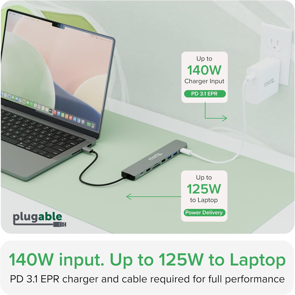 Plugable USB C Hub Multiport Adapter: 9-in-1 with 140W PD Charging, 4K 60Hz HDMI, 10Gbps Data Transfer, Gigabit Ethernet, SD for USBC, USB4, Thunderbolt MacBook, Windows, Chromebook (USBC-9IN1E)