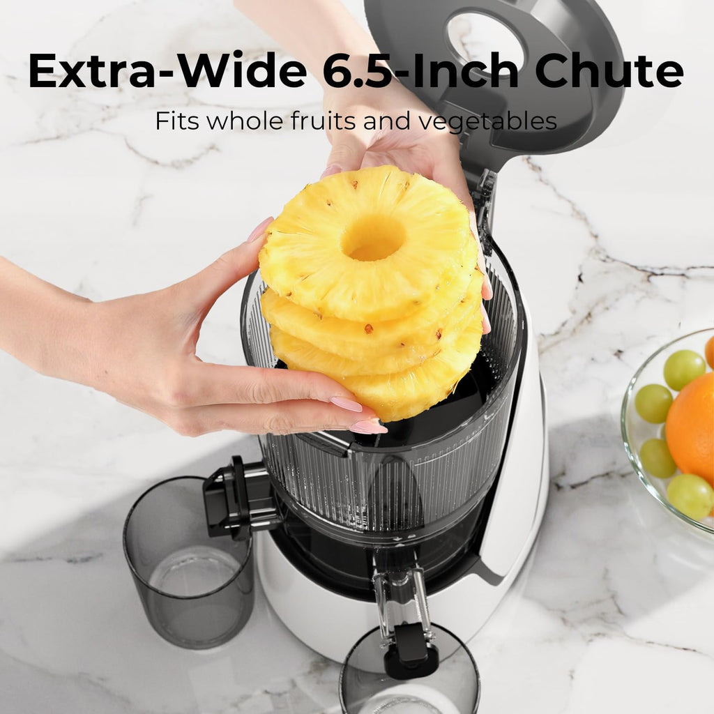 EanOruus Juicer Machines, 3-in-1 Cold Press Juicer with 6.5" Extra Large Chute, 100oz Large Capacity, AC Motor, Makes Juice, Nut Milk & Sorbet, Bright White
