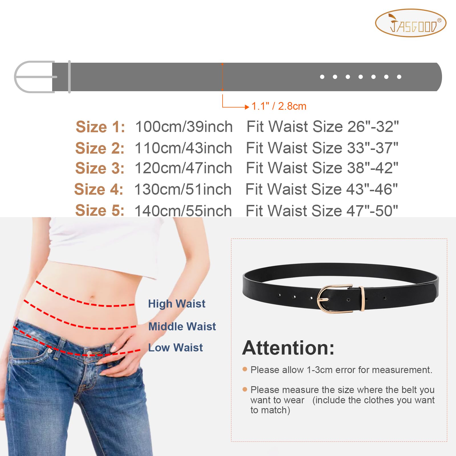 JASGOOD Women’s Leather Belts for Jeans Pants Fashion Ladies Belt with Gold Buckle
