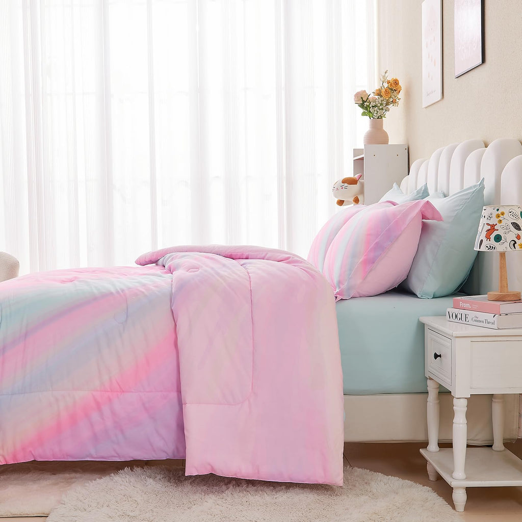 Wajade 7 Piece Blue Bow Comforter Set for Girls Kids Twin Size Bedding Set with Sheet and 2 Pillowcases 2 Pillow Shams Cute Girls Bed in a Bag as Birthday Choice