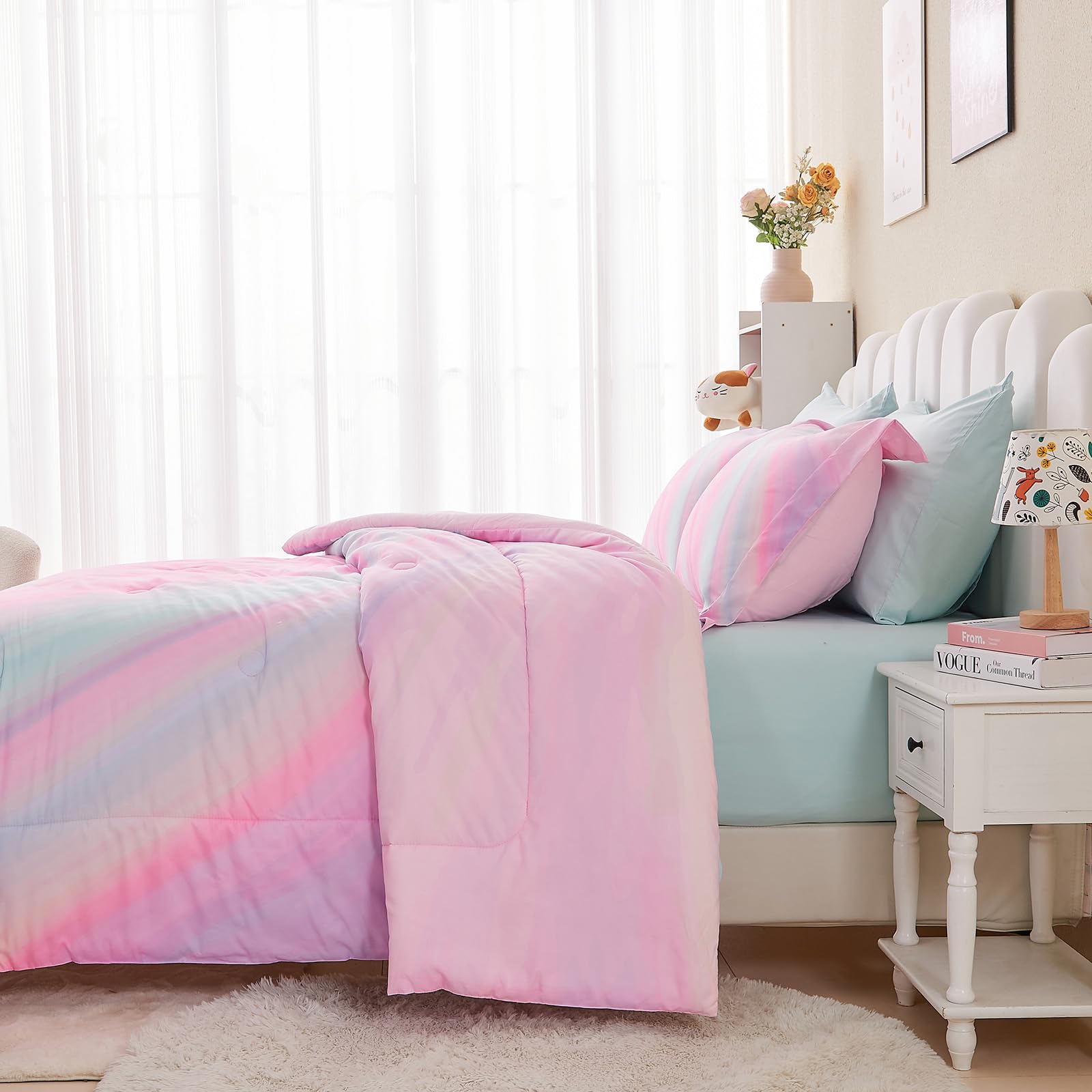 Wajade 7 Piece Blue Bow Comforter Set for Girls Kids Twin Size Bedding Set with Sheet and 2 Pillowcases 2 Pillow Shams Cute Girls Bed in a Bag as Birthday Choice