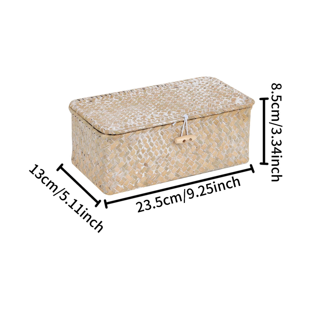 FEIALNDUO Wicker Shelf Baskets with Lid,Seagrass Storage Basket Bins Rectangular Handwoven Basket Boxes for Shelves Desktop Home Organizer (Coffee, X-Small)