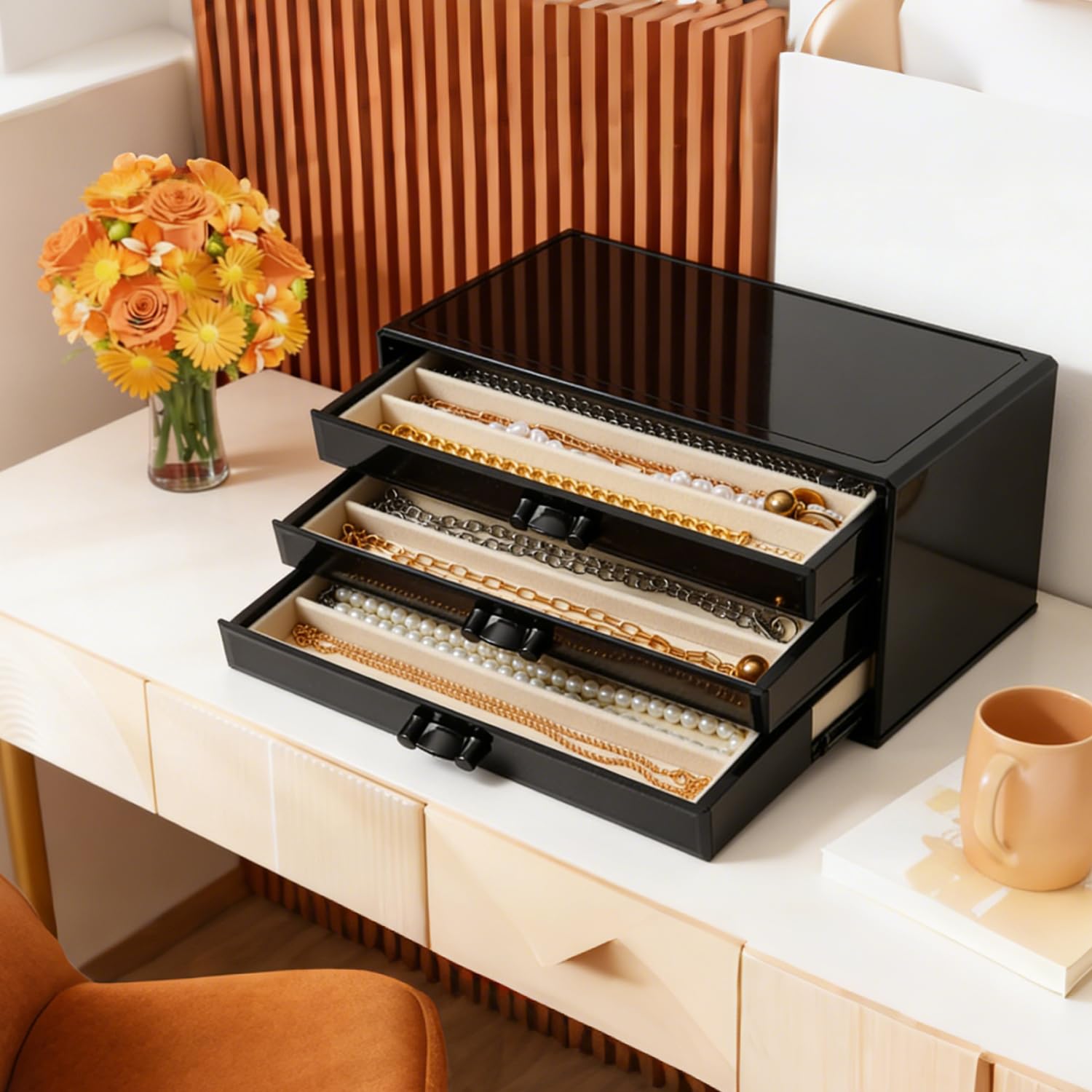 YUFONG Necklace Holder Organizer, Dustproof Necklace Box Velvet Necklace Organizer Box with Lid Clear Acrylic Dustproof Stackable Jewelry Displays for Necklaces Chain Display (Beige, 3 Drawer)