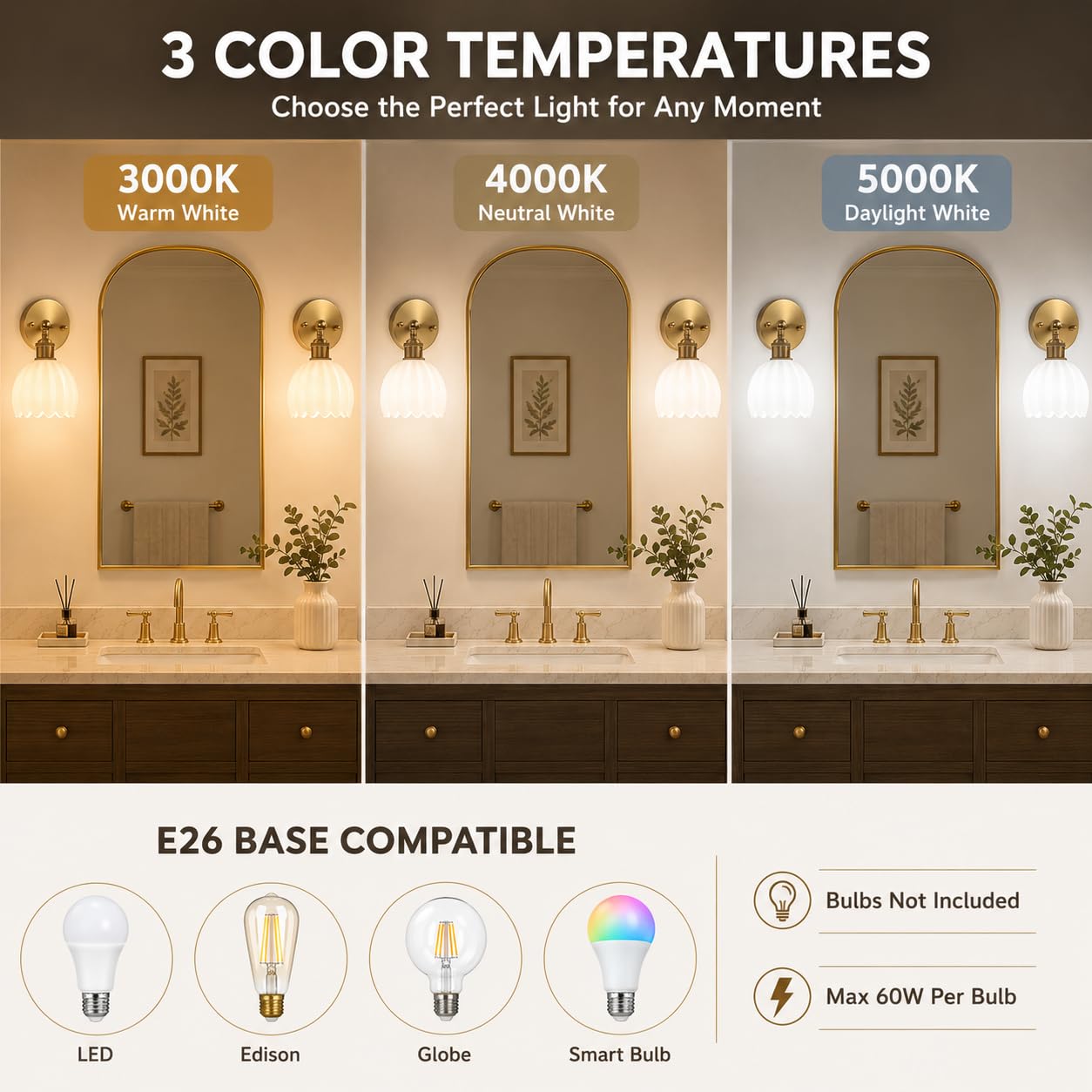 1-Light Gold Brass Bathroom Light Fixture,Wall Sconces set of 2,Brushed Gold Vanlity Light Over Mirror,Bathroom Vanity Light with White Tulip Glass Flower Shade,E26 Socket(Bulbs Not Included)