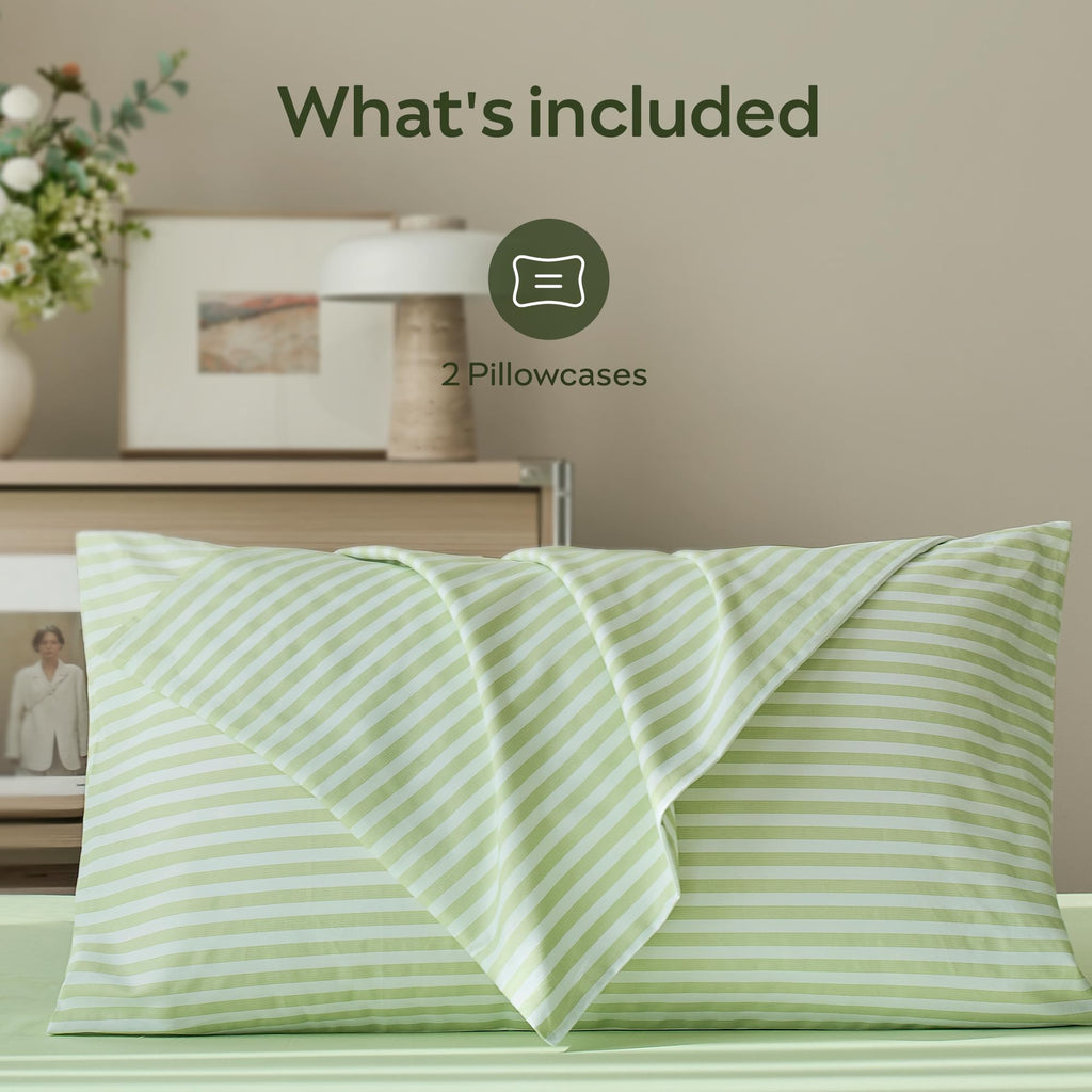 JELLYMONI Cotton Striped Pillowcases Set of 2, Sage Green, Standard | Soft breathable feel, Envelope closure, 400TC cotton, Machine washable, Gentle on skin