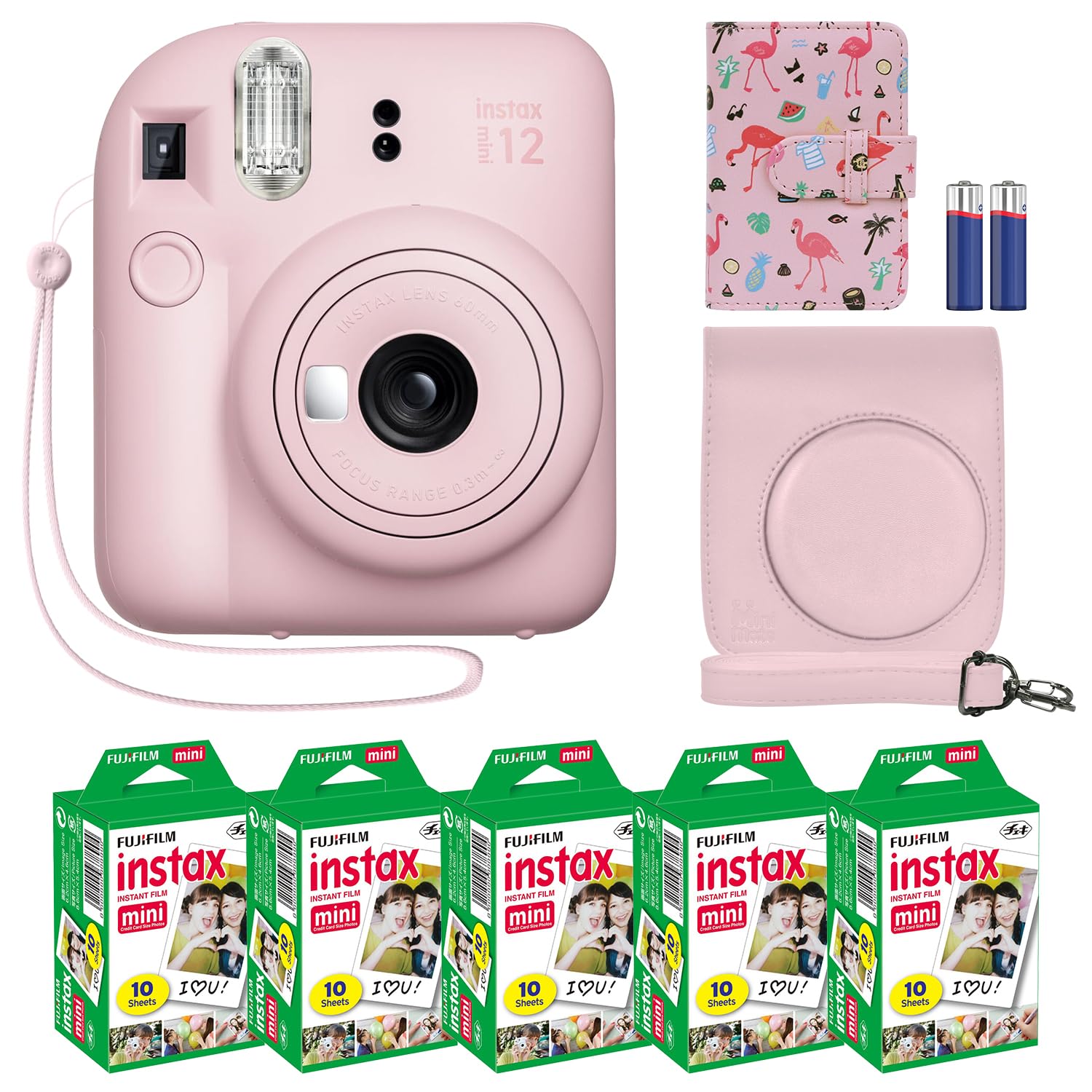 Fujifilm Instax Mini 12 Instant Camera + MiniMate Accessory Bundle & Compatible Custom Case + Fuji Instax Film Value Pack (50 Sheets) Flamingo Designer Photo Album (Mint Green)