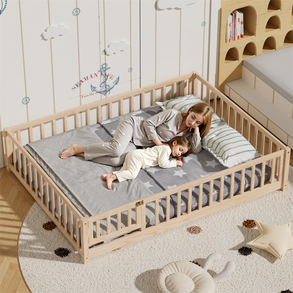 i-POOK Queen Floor Bed for Children, Sturdy Wood Montessori Bed Frame with Wood Slats, High Fence & Small Door for Girls and Boys, Espresso (with Bed Slats)