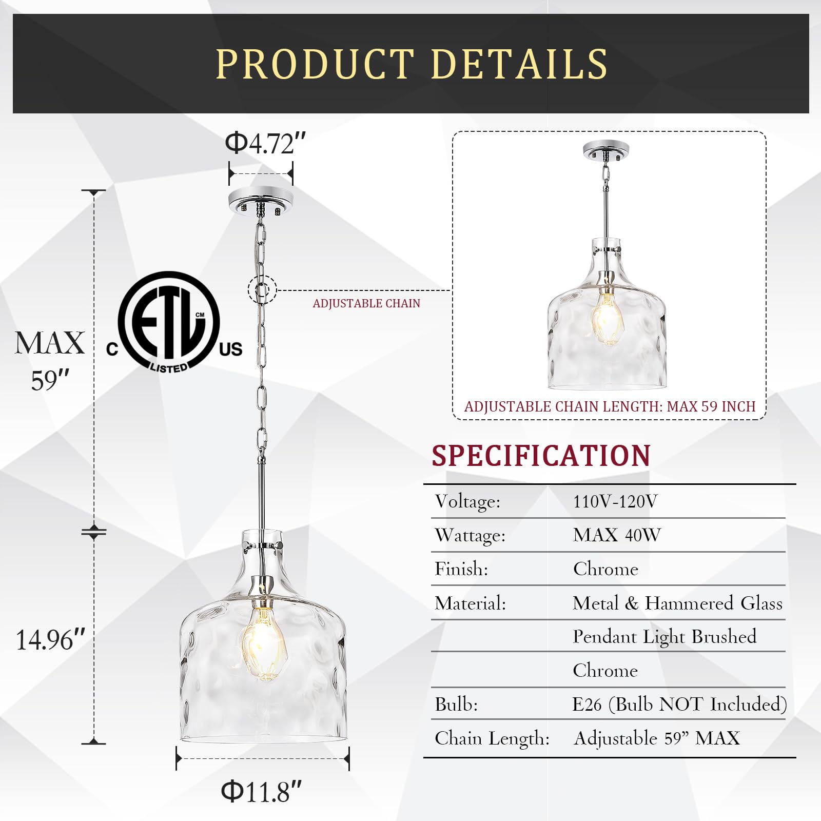 Glass Large Pendant Lights for Kitchen Island Blown Glass Pendant Light Clear Hammered Shade Hanging Ceiling Lights with Black Finish for for Kitchen Island, Sink, Hallway, Living Room 11 inch
