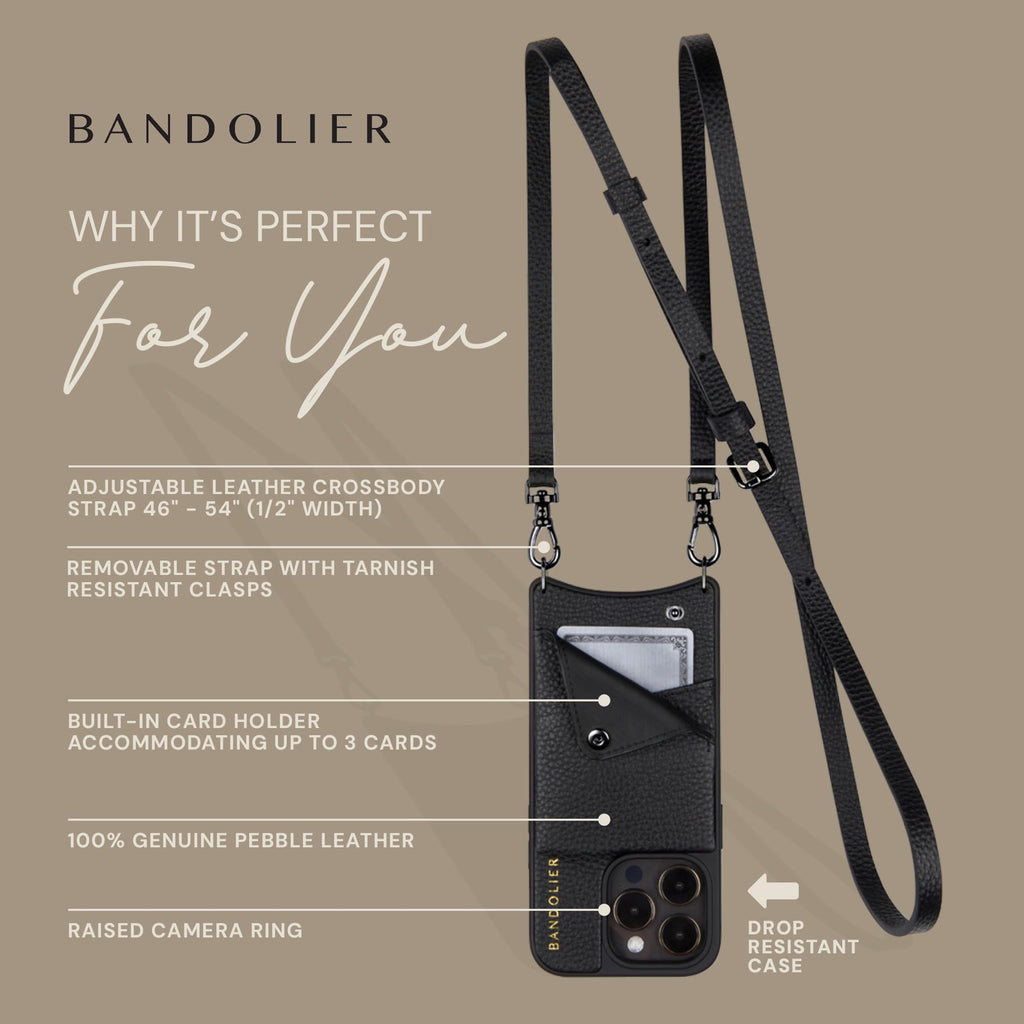 Bandolier Emma Crossbody Wallet Phone Case for iPhone 15 Pro Max. 100% Genuine Pebble Leather. Adjustable & Removable Crossbody Strap. Card Holder with Snap Closure. Black with Gold Hardware
