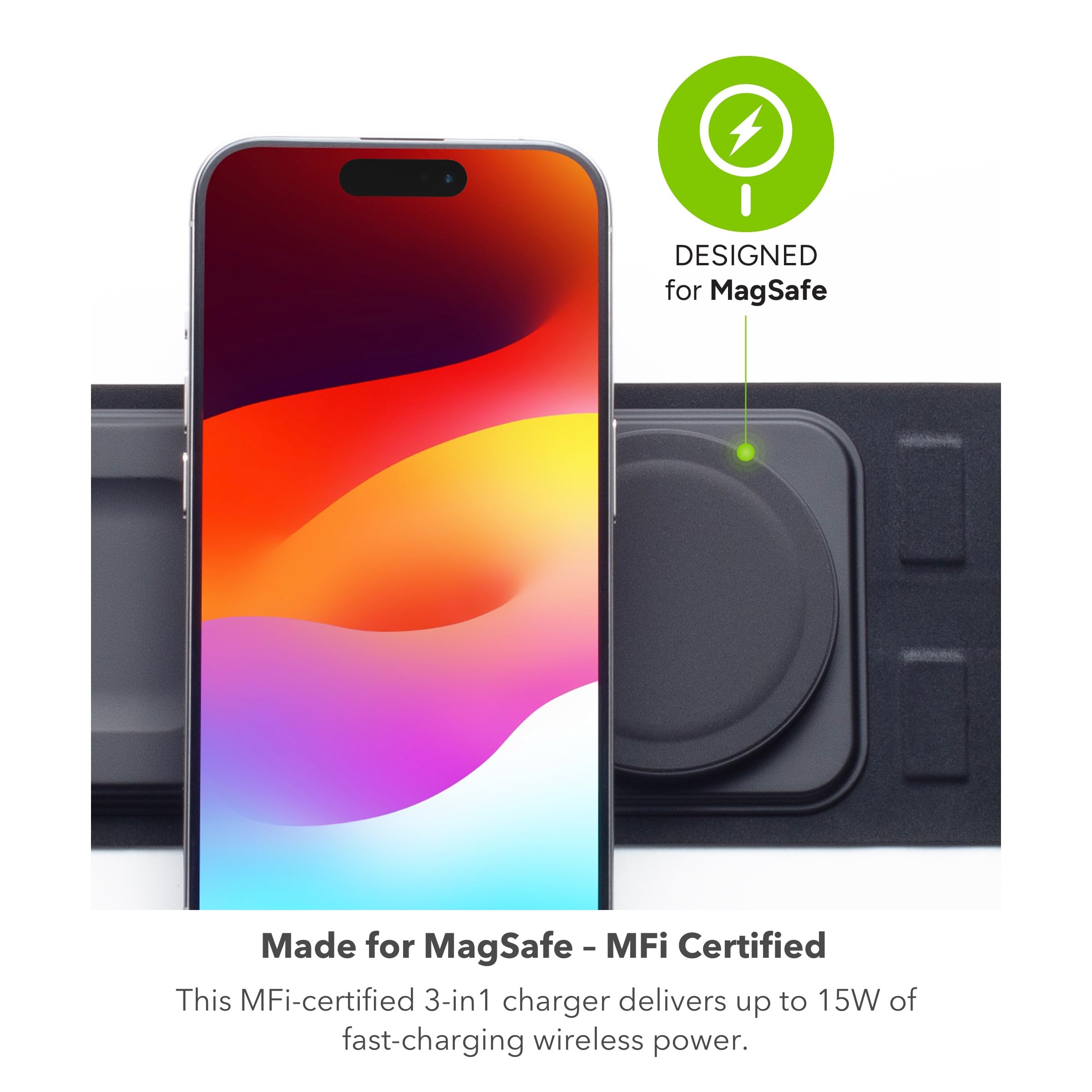Mophie 3-in-1 Travel Charger with MagSafe - Portable Wireless Charging Hub, Compatible w/Apple Devices, iPhone 17/16/15/14/13/12 Series, Apple Watch Series 11 to 1 & Ultra, AirPods Pro/3rd Gen, Black