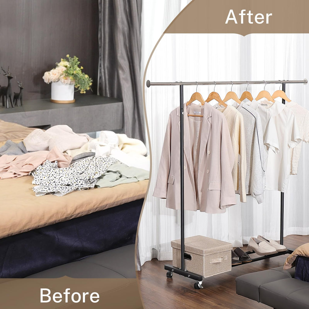 VICERII Clothing Rack, 55.51 Inch Heavy Duty Clothes Rack Rolling Garment Rack with Wheels and Bottom Shelf, 130LB Capacity Clothes Racks for Hanging Clothes, Coats, Shirts, Sweaters, Skirts, Black