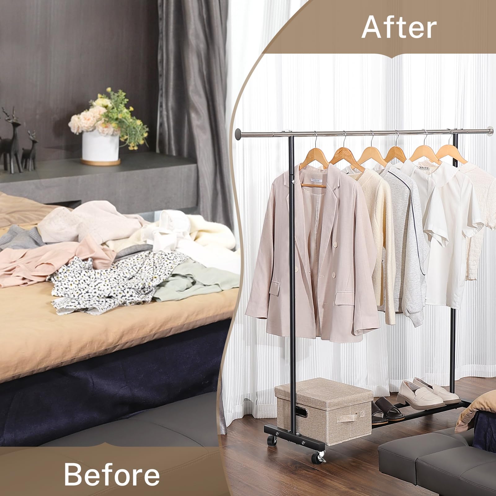 VICERII Clothing Rack, 55.51 Inch Heavy Duty Clothes Rack Rolling Garment Rack with Wheels and Bottom Shelf, 130LB Capacity Clothes Racks for Hanging Clothes, Coats, Shirts, Sweaters, Skirts, Black