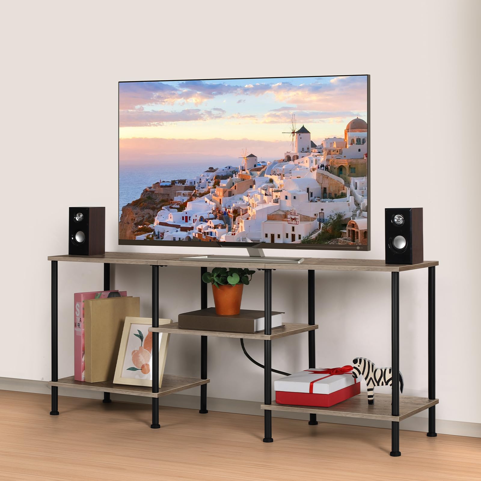 OYEAL Black Bedroom TV Stand with Power Outlets up to 50 inch TV, Small Entertainment Center Stand with Storage Modern Media TV Console Table for Living Room Bedroom