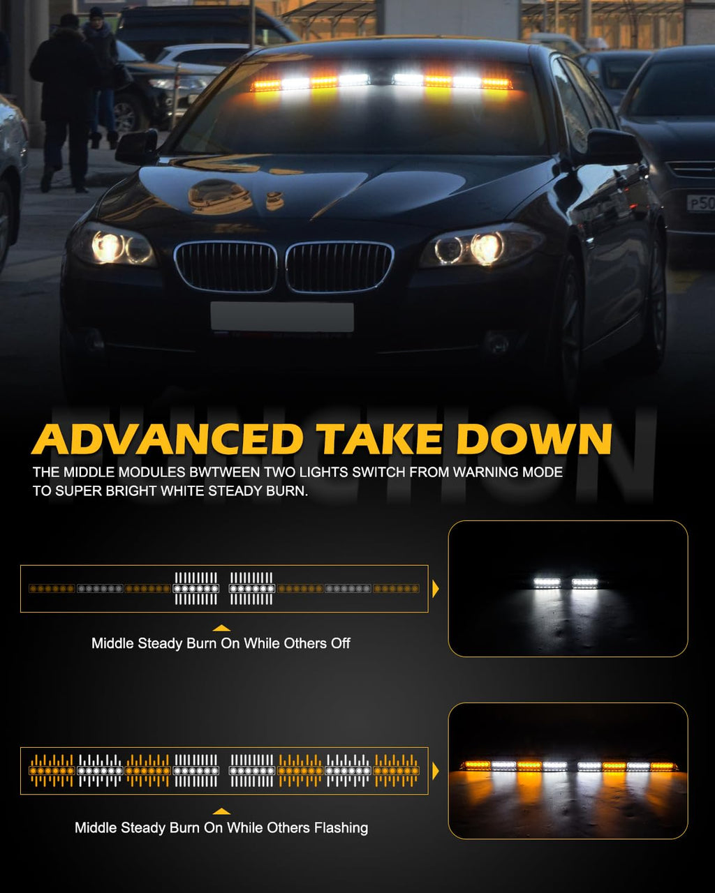 HLauto 604N Emergency Dash Strobe Lights: 2x16.8 inch Amber White Security Light w/Take Down, 48 LED Safety Flashing Warning Hazard Interior Windshield Light Bar for Truck Vehicle