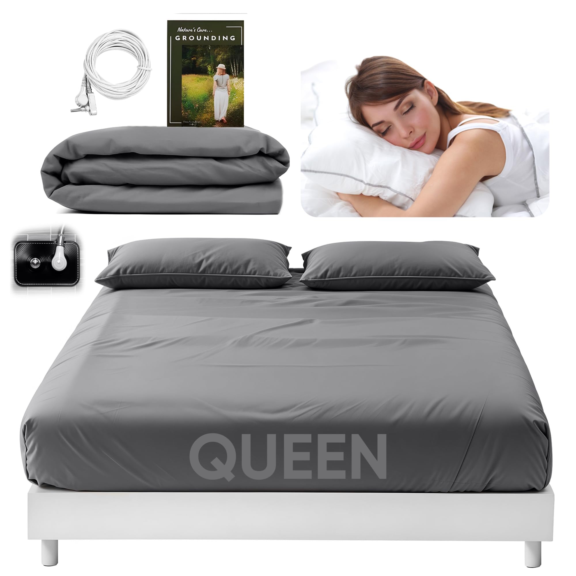 Earthing Grounding Sheets Twin Size(Grey) - 400 Thread Count Soft Earthing Sheets w/Cotton, Silver Fiber - Reinforced Grounding Cord for Conductivity – Ideal Grounding Bed Sheets for Better Sleep