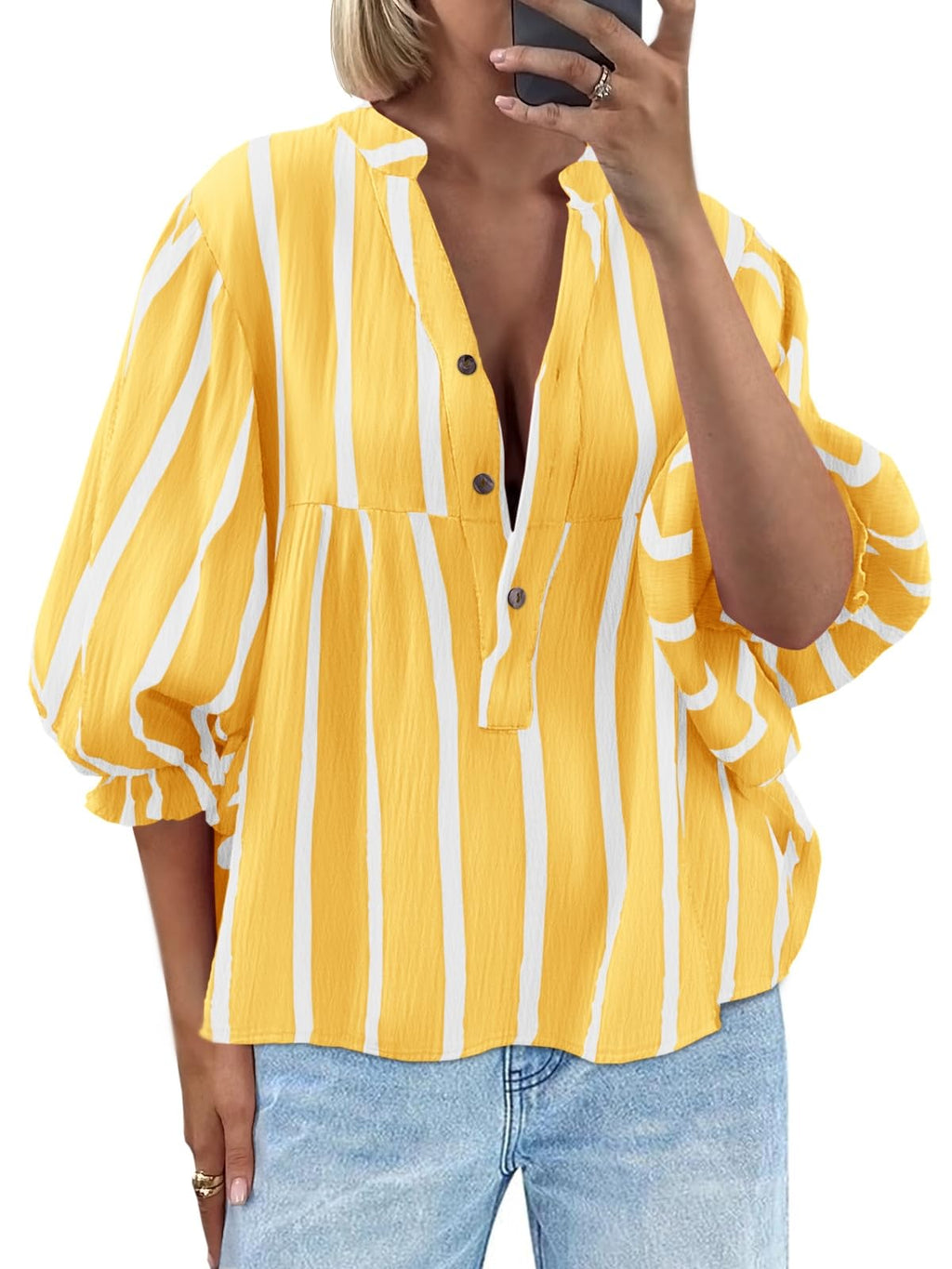 Tankaneo Womens Puff Sleeve Babydoll Tops Summer V Neck Striped Blouse Cute Casual Loose Fit Flowy Shirts