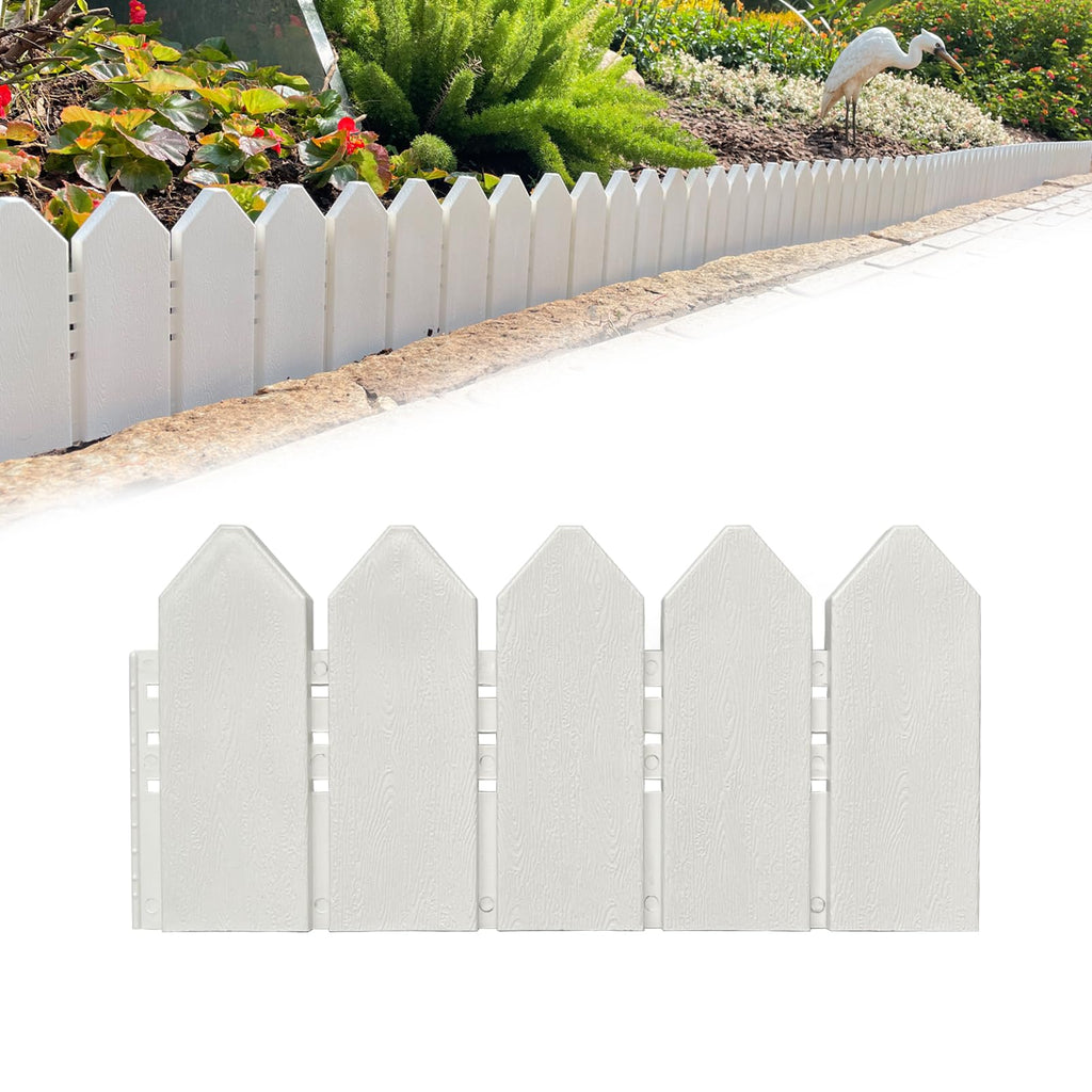Garden Edging Border Kit 6.7 in Tall Decorative Double-Sided Wood-Look Fence Garden Border, Flower Bed Edging with 20 Anchoring Spikes, 9.3 Foot Kit (White)