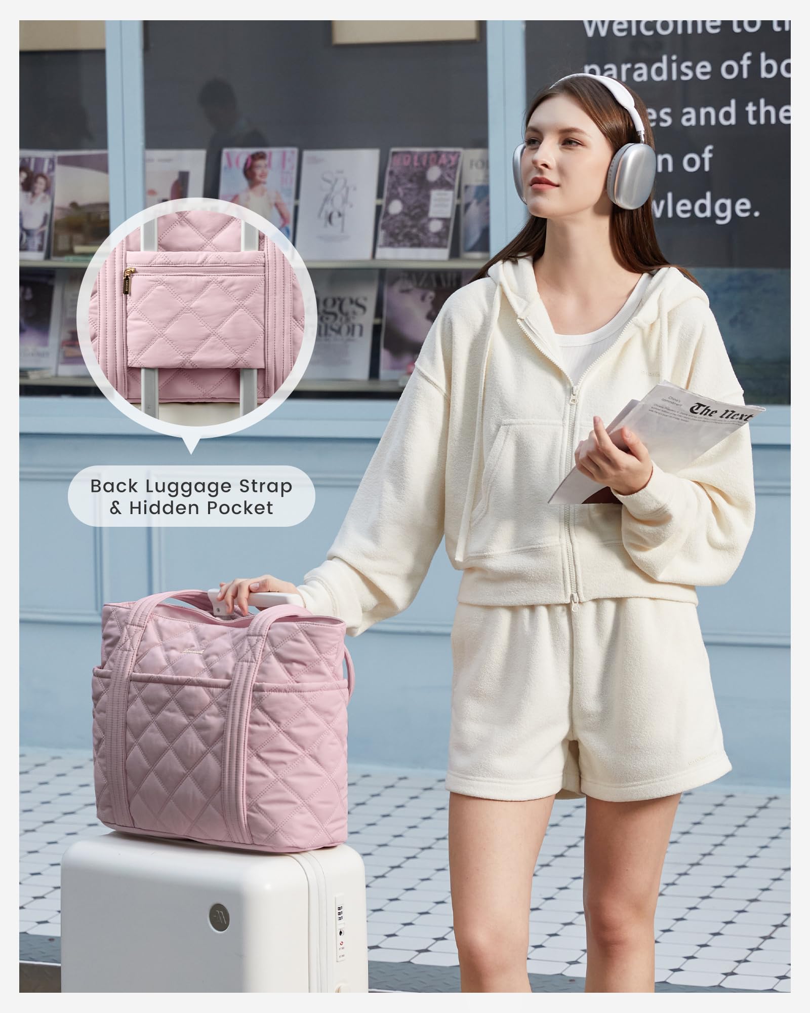 LOVEVOOK Puffer Tote Bag for Women, Puffy Work Handbag with Cup Holder, Travel Carry On Bag with Zipper for Teacher Nurse Gym