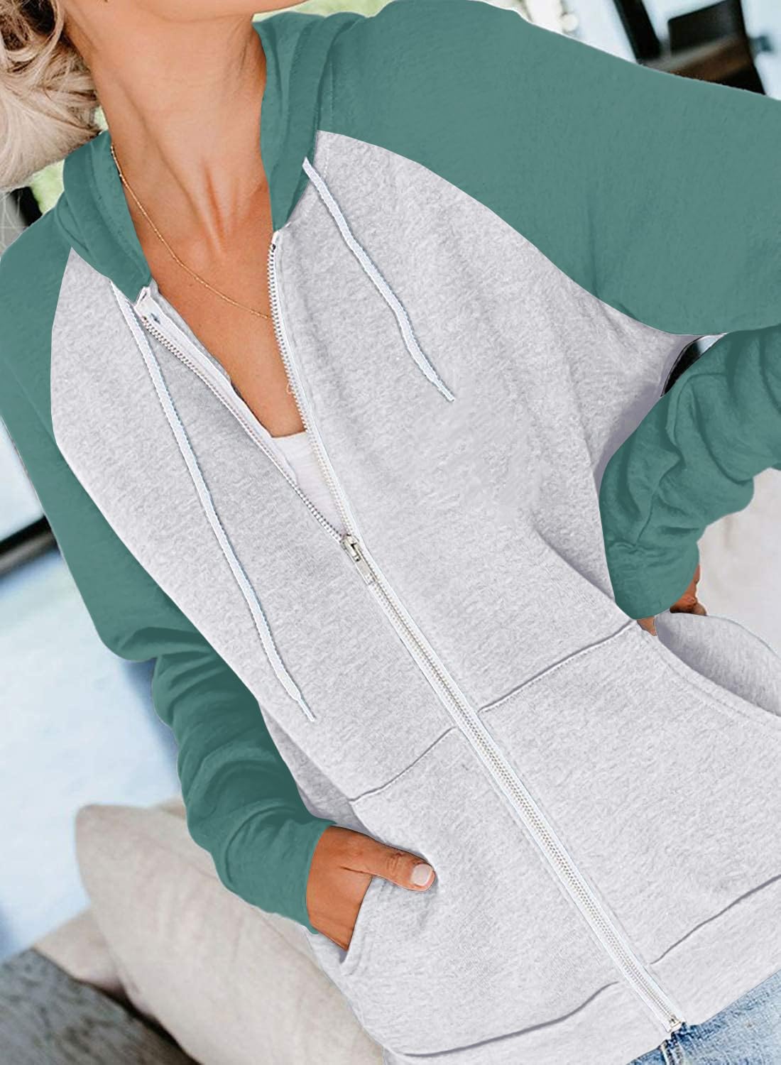 EZBELLE Women's Color Block Zip Up Hoodie Sweatshirt Casual Long Sleeve Jacket Sweater with Pockets