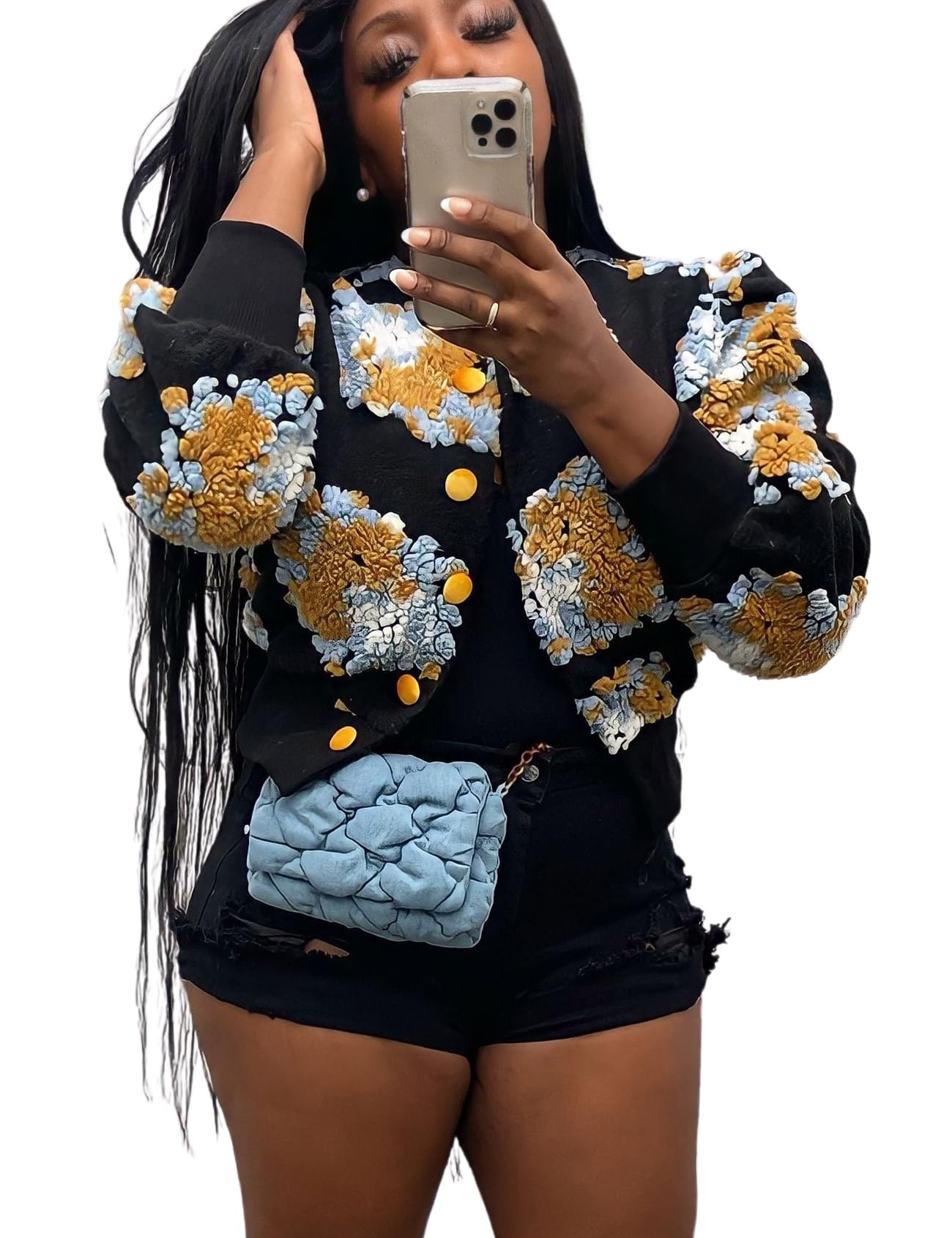 Womens Cropped Floral Print Jacket Warm Fleece Bomber Jacket Casual Button Down Coats Fall Puff Outerwears