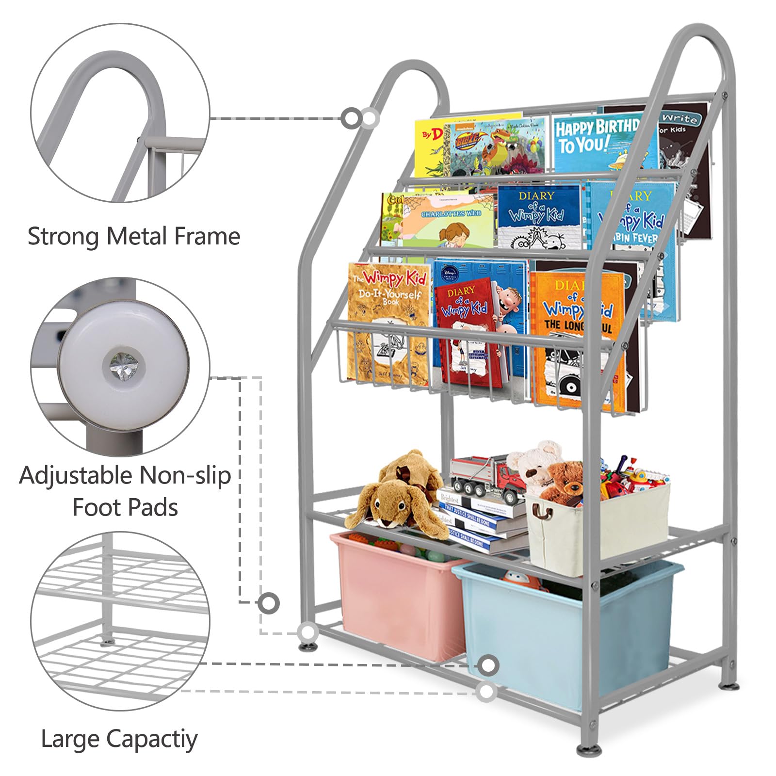 aboxoo Metal Kids Bookshelf Black Large Freestanding for Children Room 32 in Toy Organizer Large Stable Bookcase Bookstore Library Book Unit Storage Kids Bed Living Room