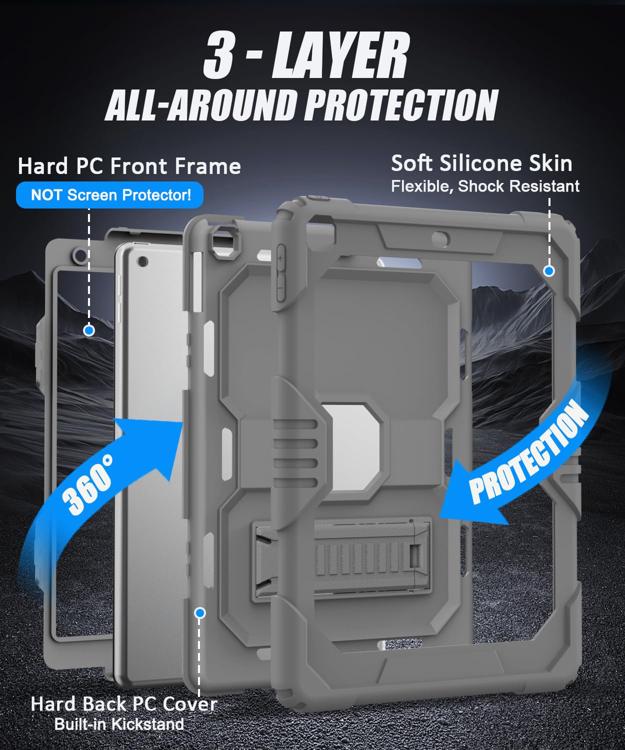 OKP Case for iPad 9th/ 8th/ 7th Generation (2021/2020/2019), Heavy Duty 10.2 inch iPad Shockproof Rugged Protective Cover with Built-in Stand, Hard iPad 9 8 7 Gen Cases for Kids Girls Boys, Black