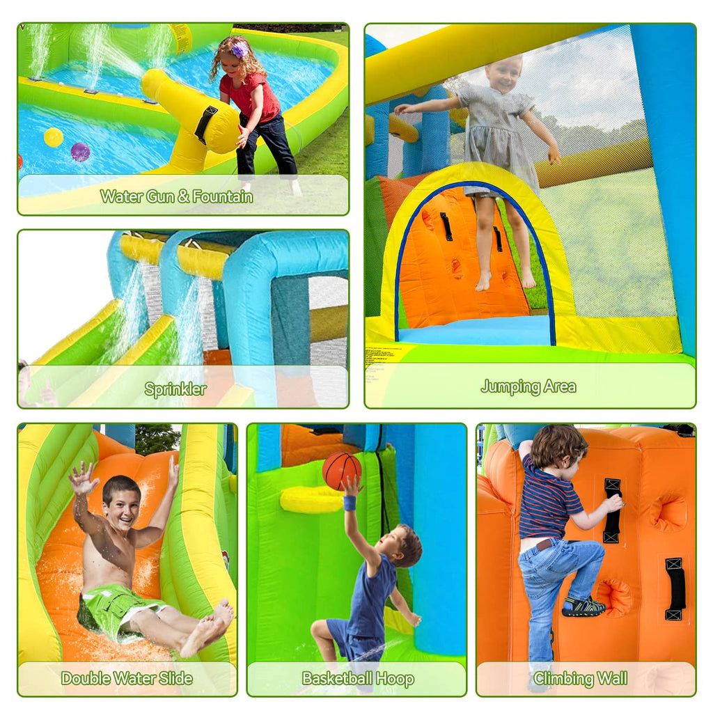 FBSPORT Inflatable Bounce House Double Slide,Water Slide Park Bounce House with Ball Pit,Water Cannon, Climbing Wall, Kids Bouncy Castle with 550W Air Blower for Backyard, Outdoor, Indoor