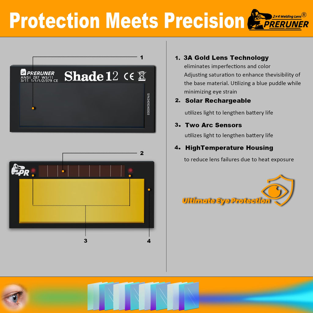 Core Series Gold Shade 9 Auto Darkening Welding Lens 2" x 4 1/4", Slim 0.2" Welding Lens with Cool Blue Puddle View for Pancake & Sugar Scoop Welding Hoods