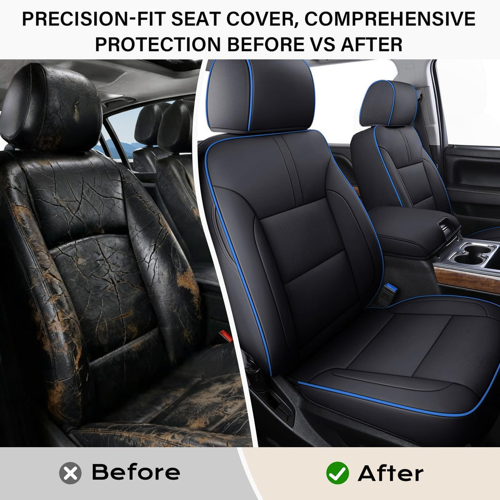 Coverado Chevy Silverado Seat Covers, Faux Leather Seat Covers Fit for Chevy Silverado GMC Sierra 2007-2025 1500, 2015-2025 2500HD 3500HD Crew Double Extended Cab (Front, Black)