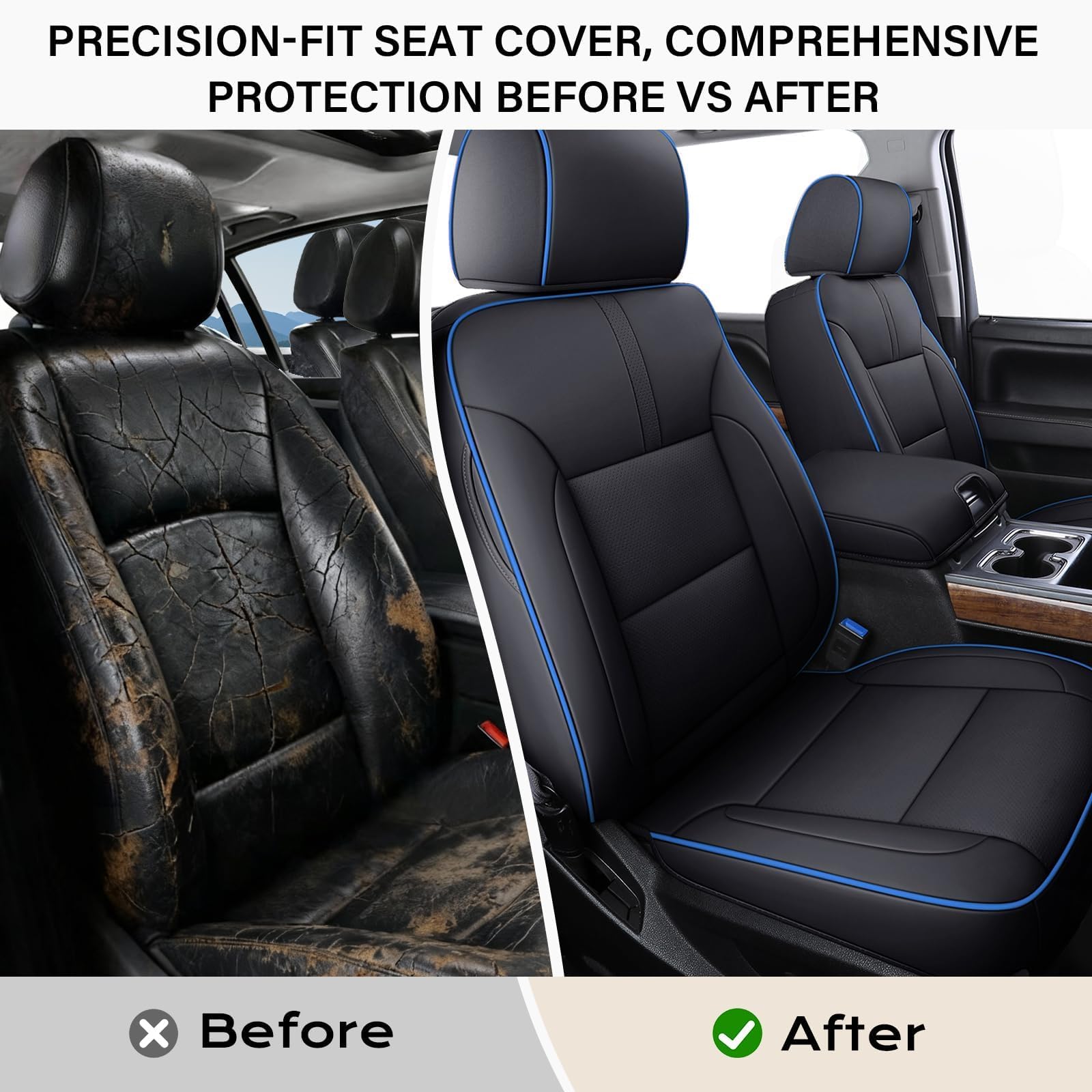 Coverado Chevy Silverado Seat Covers, Faux Leather Seat Covers Fit for Chevy Silverado GMC Sierra 2007-2025 1500, 2015-2025 2500HD 3500HD Crew Double Extended Cab (Front, Black)