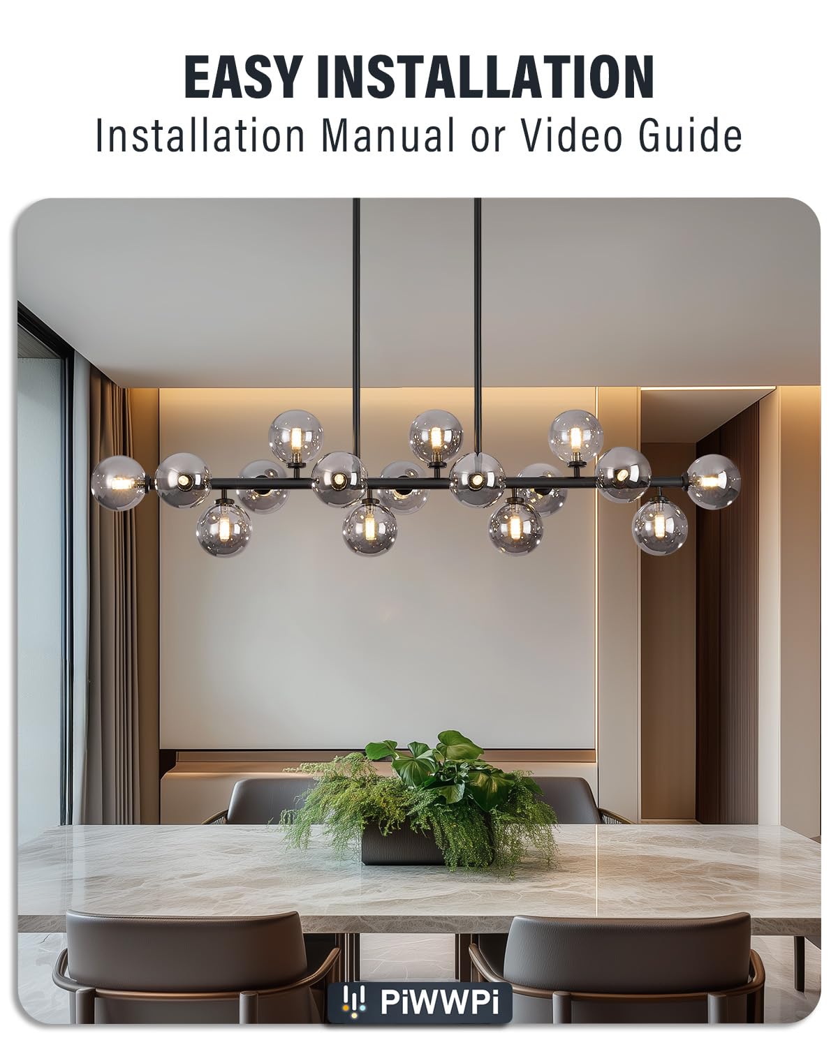 Modern Linear Chandeliers for Dining Room, 8-Light Globe Sputnik Pendant Ceiling Light, Black Dining Room Light Fixture Over Table, Mid Century Glass Milk White Bubble, 31.5 Inch, GC-09