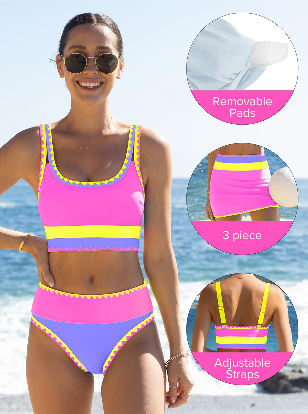 popvil High Waisted Bikini Sets for Women Tummy Control Swimsuits 3 Piece Bathing Suits Neon Swimwear with Skirt 2026