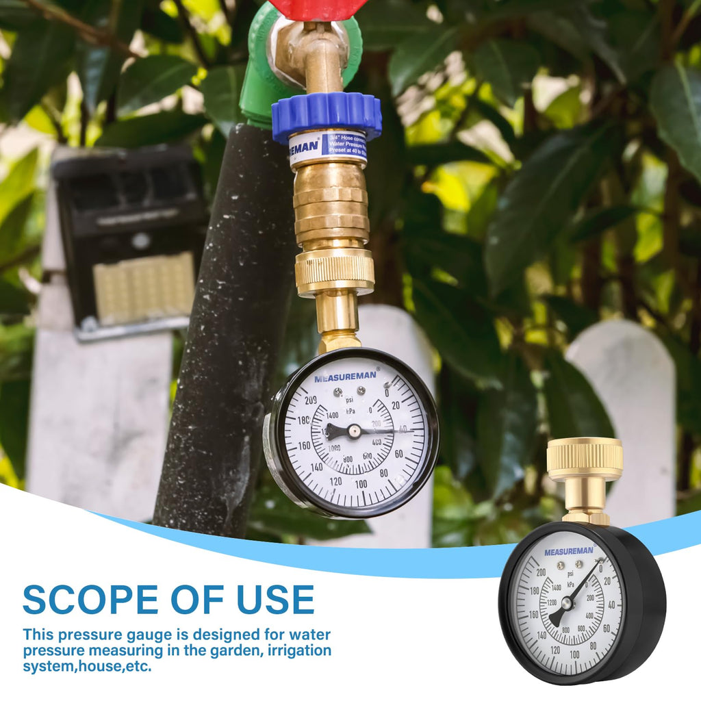 MEASUREMAN 2" Water Pressure Test Gauge, 3/4" Female Hose Thread, 0-200 psi/kpa with Maximum Pressure Memory (Pack of 2)