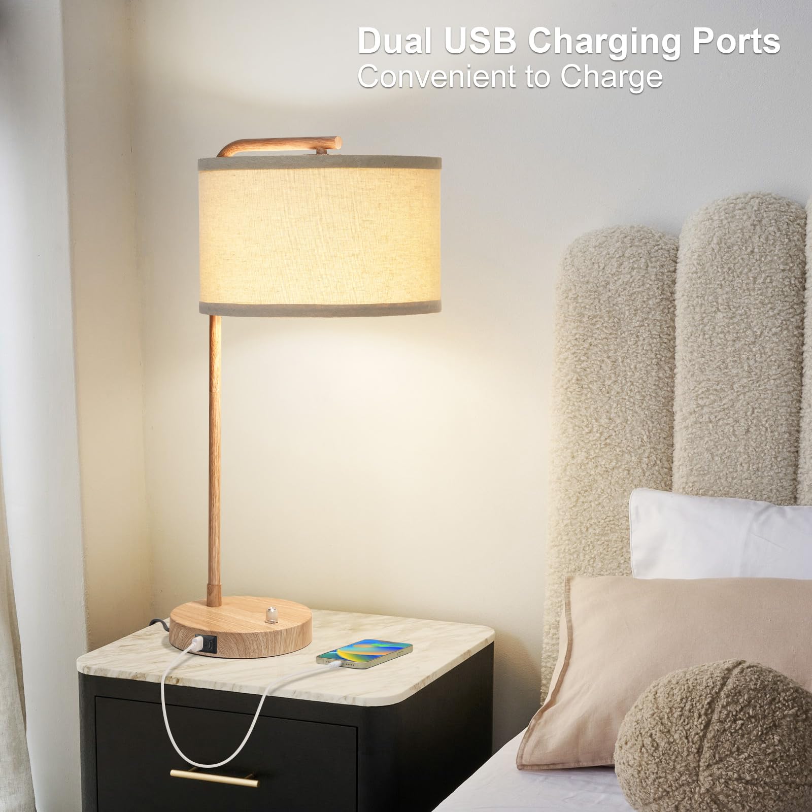 Table Lamps Set of 2, Fully Dimmable Bedside Lamp with USB C+A Charging Ports, Modern Nightstand Lamps with Linen Fabric Shades, Tall Desk Lamp for Bedroom, Living Room, Office, LED Bulb Included