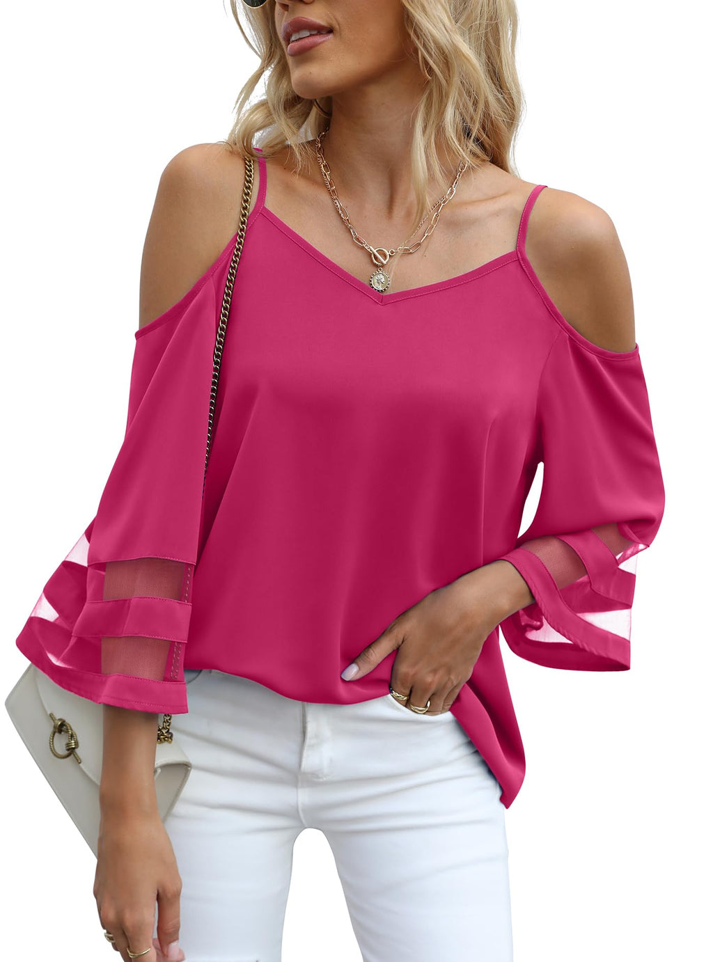 Jouica Womens Summer Cold Shoulder Tops Mesh Panel 3/4 Bell Sleeve Tees Adjustable Spaghetti Strap Loose Fit Shirts