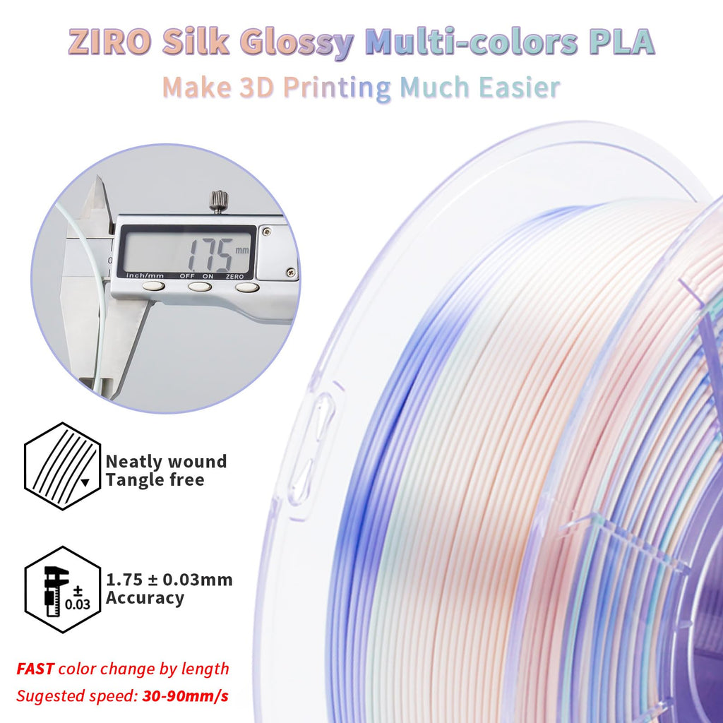 ZIRO Fast Color Change PLA, 1.75mm Color Gradient Filament, Glossy Rainbow PLA Filaments, Fit Most 3D Printer Pen, Shiny Surface 1KG/2.2lbs Spool, Aqua Sky (Silk)