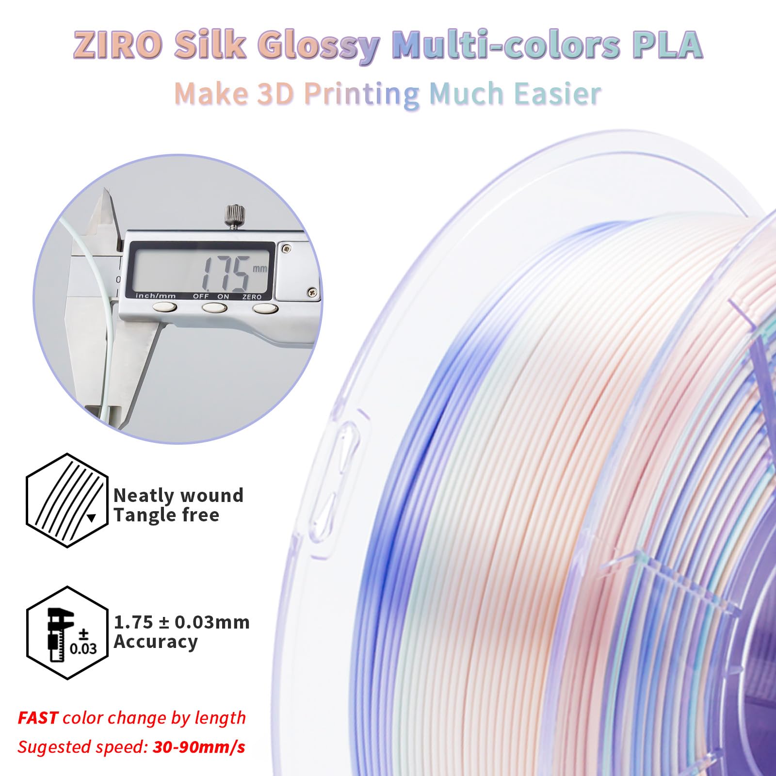 ZIRO Fast Color Change PLA, 1.75mm Color Gradient Filament, Glossy Rainbow PLA Filaments, Fit Most 3D Printer Pen, Shiny Surface 1KG/2.2lbs Spool, Aqua Sky (Silk)