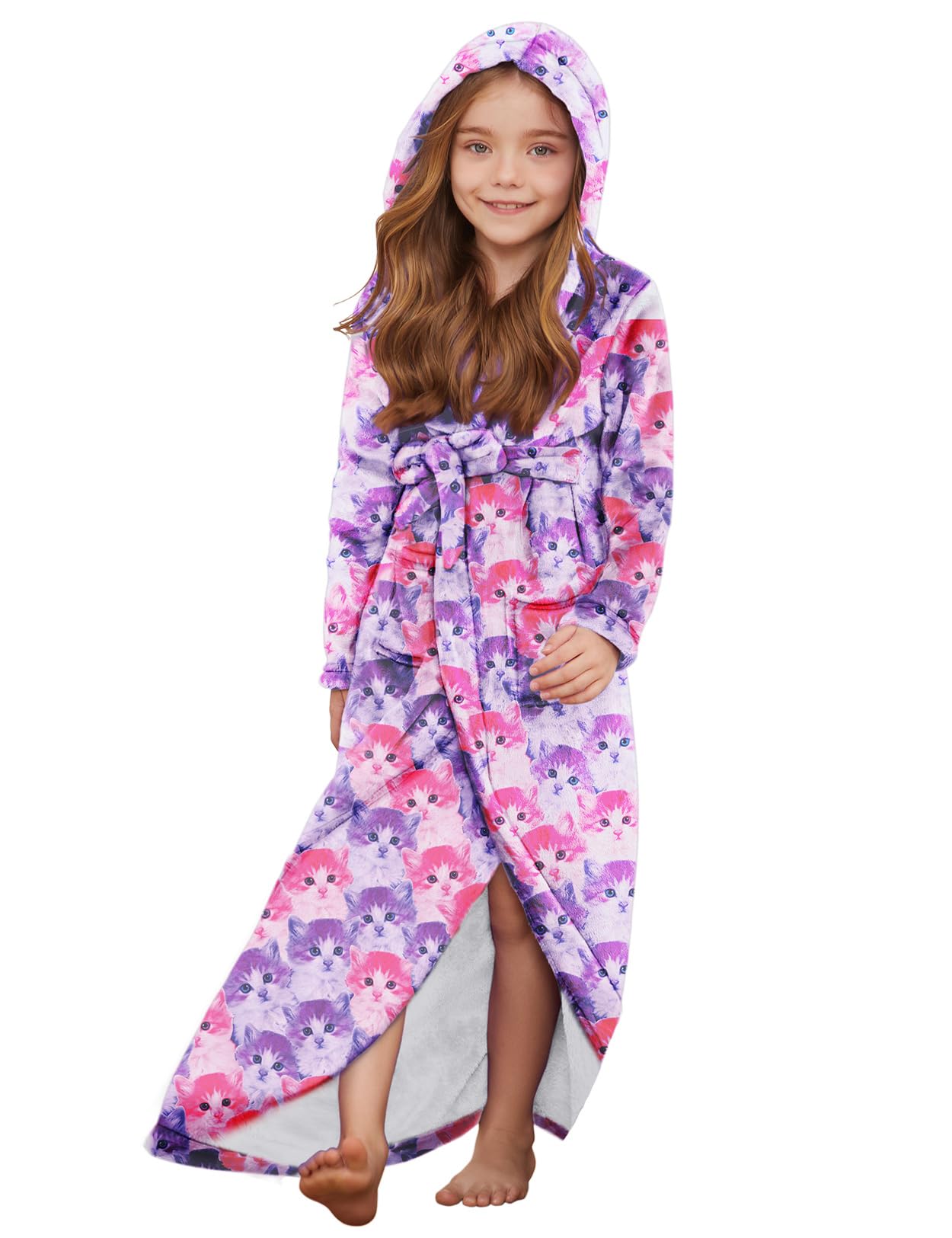 Jxstar Girls Bathrobes Kids Long Hooded Robes Plush Full Length Coral Fleece Pajamas Sleepwear